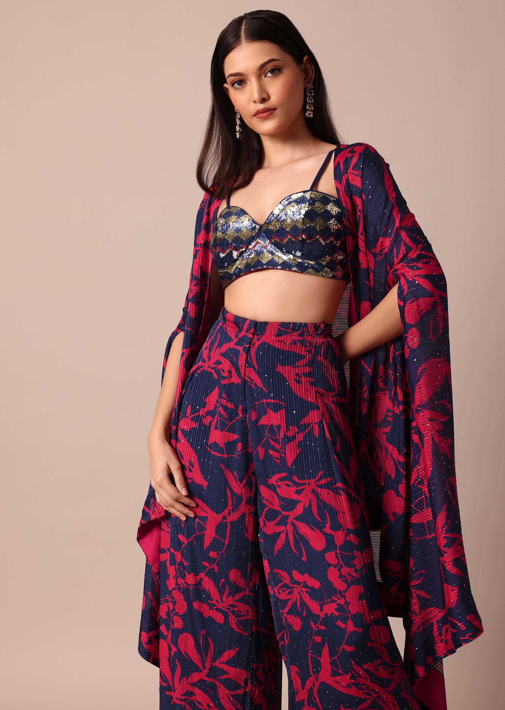 Stunning Crop Top With Printed Chiffon Jacket and Palazzo Set - Image 5