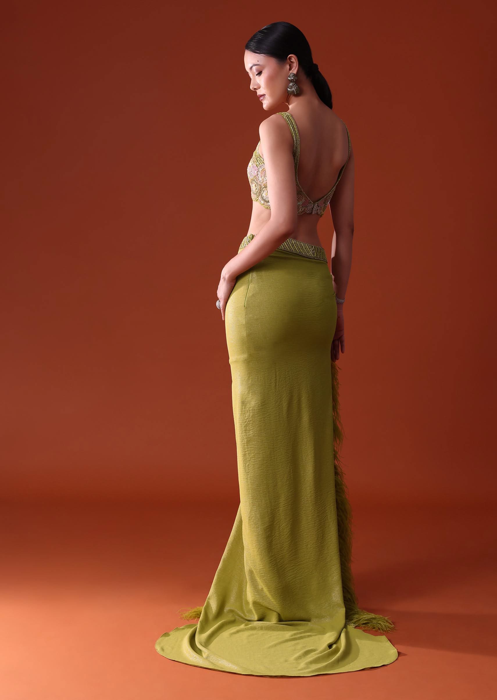 Citrus Green Feathered Dhoti Skirt And Blouse Set - Image 6