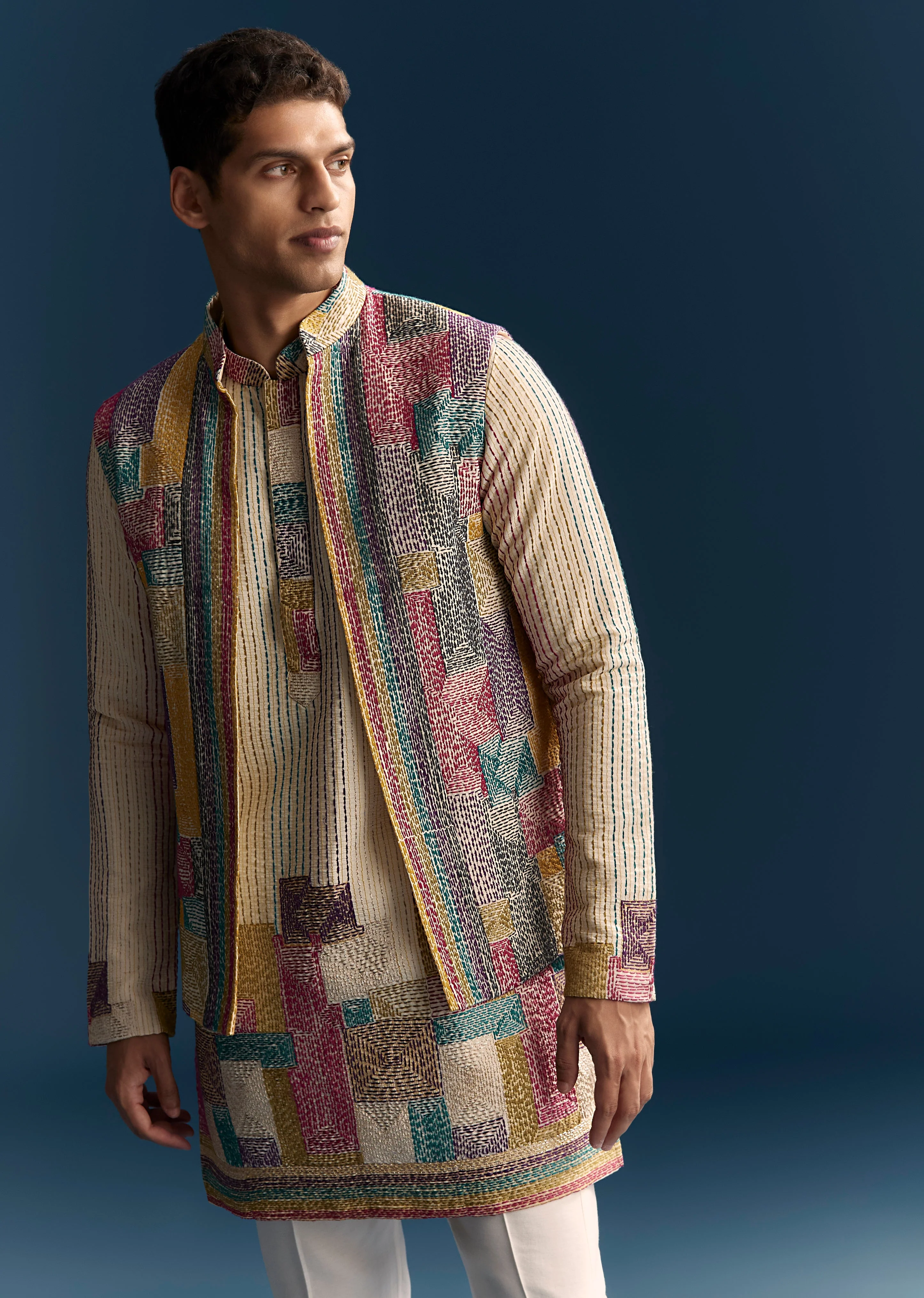 Sunlit Couple Set – Yellow-Beige Ombre Floral Kurta Set for Her And Multicolour Silk Thread Work Kurta Jacket Set for Him - Image 9
