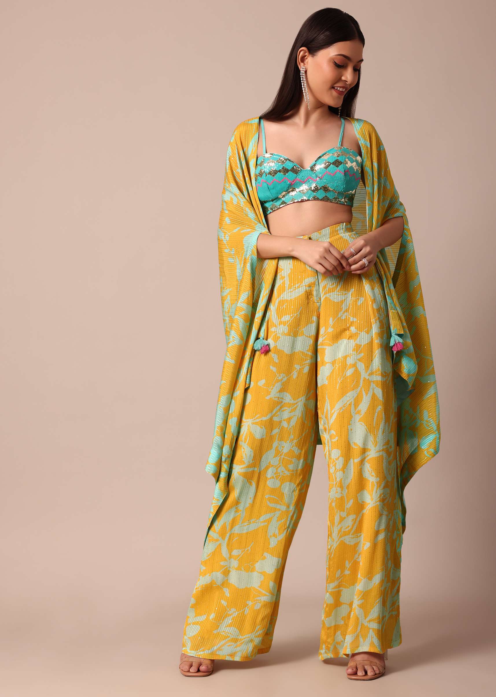 Sunshine Yellow Printed Palazzo and Jacket With Sky Blue Crop Top - Image 8