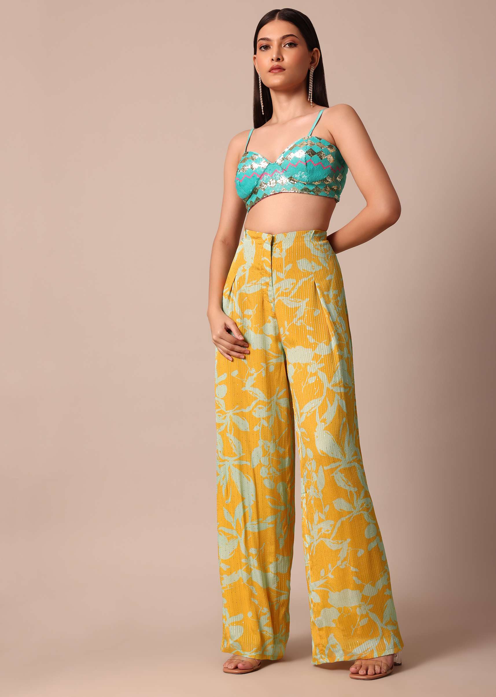 Sunshine Yellow Printed Palazzo and Jacket With Sky Blue Crop Top - Image 9