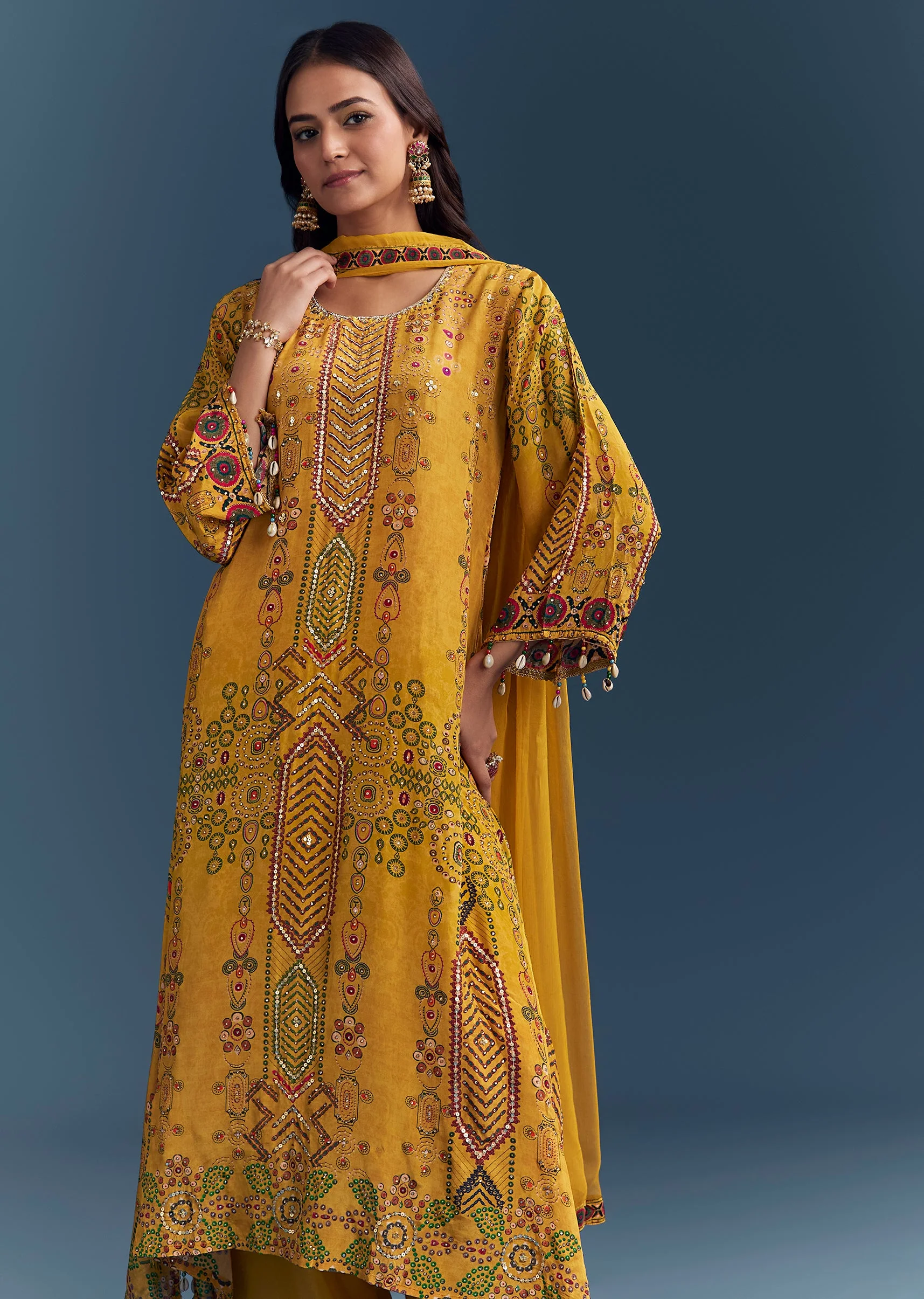 Sunshine Yellow Twin Ensemble – Crepe Sequin Kurta Set For Her And Yellow Kurta Jacket Set For Him - Image 3
