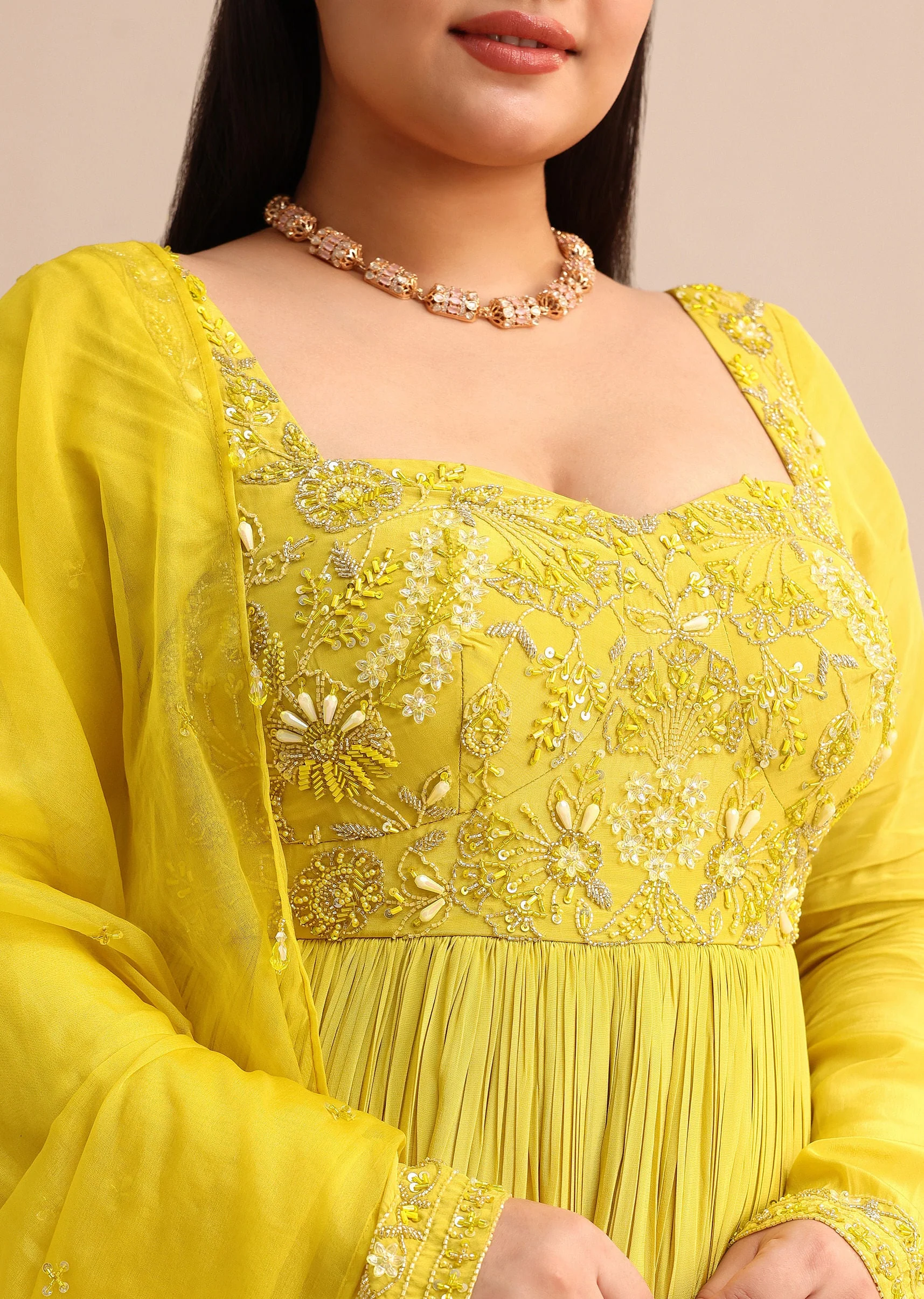 Sweetheart Neck Embroidered Crepe Yellow Anarkali Suit - Image 2