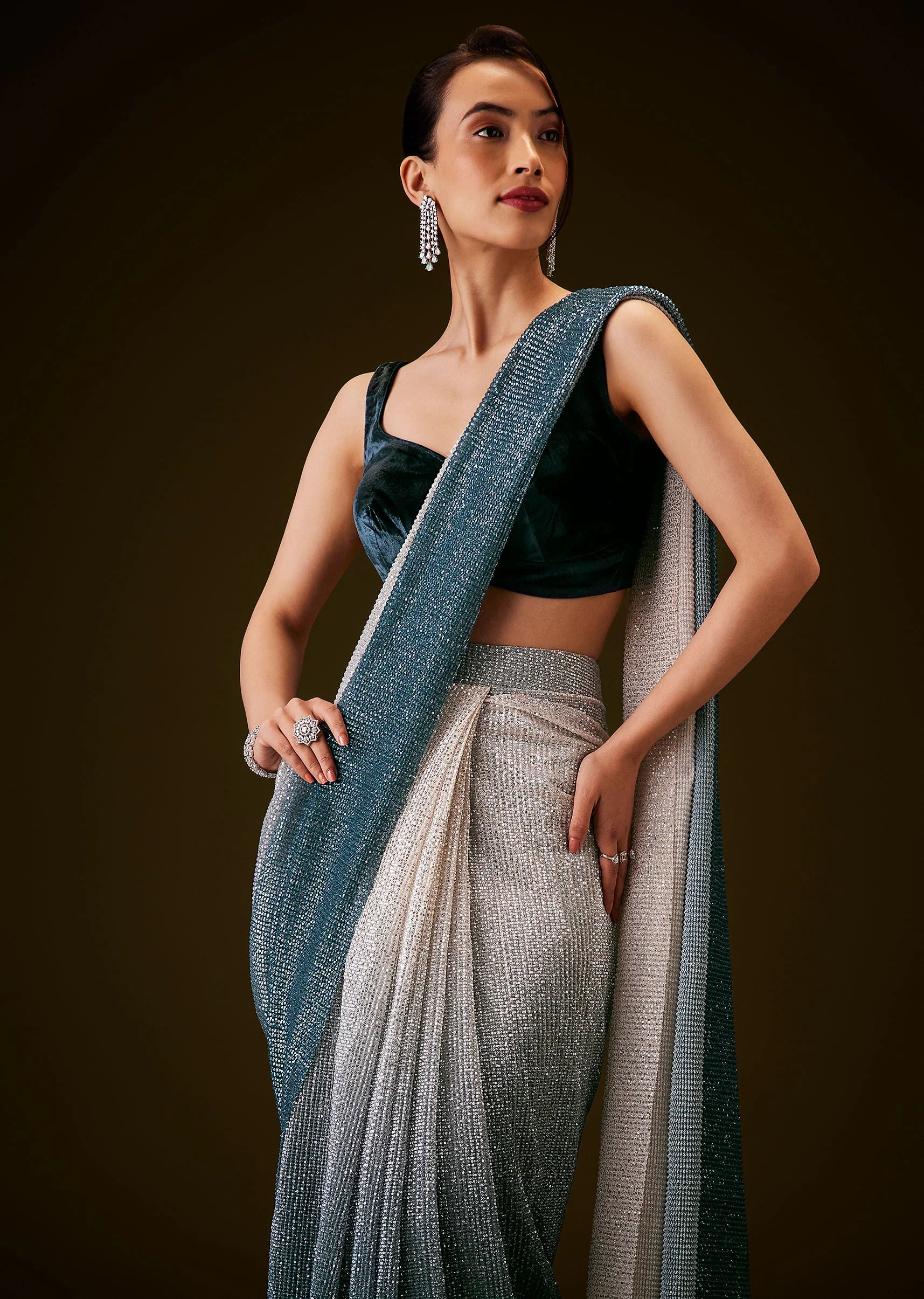 Teal And Cream Ombre Sequin Velvet Saree - Image 4