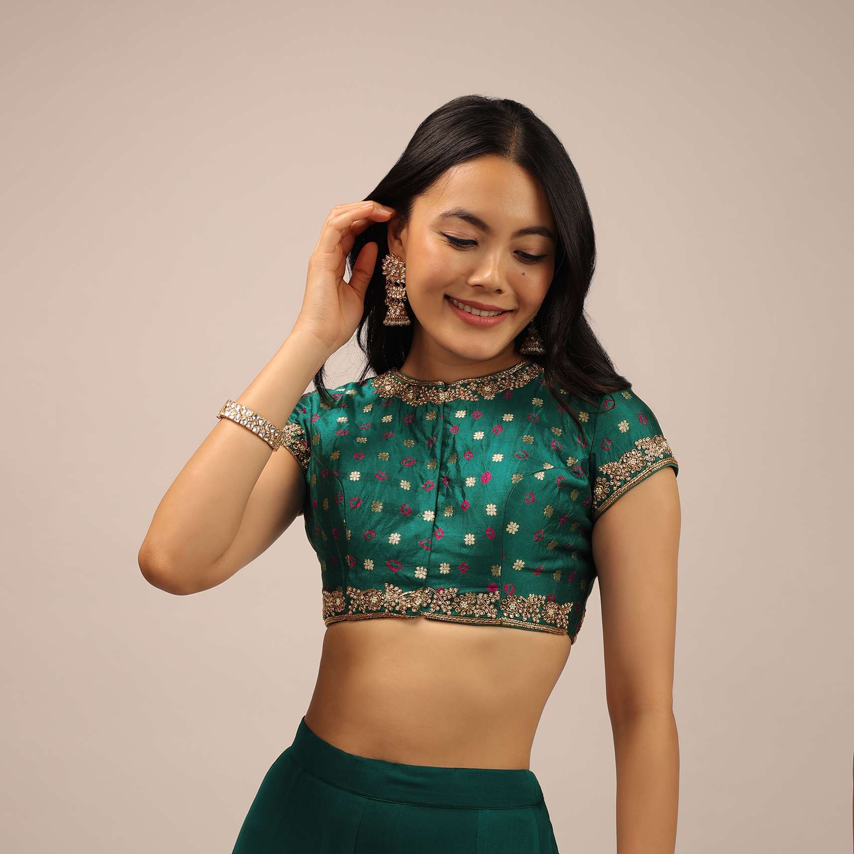 Teal Blouse In Brocade With Woven Buttis, Bandhani And Zardosi Embroidery - Image 3