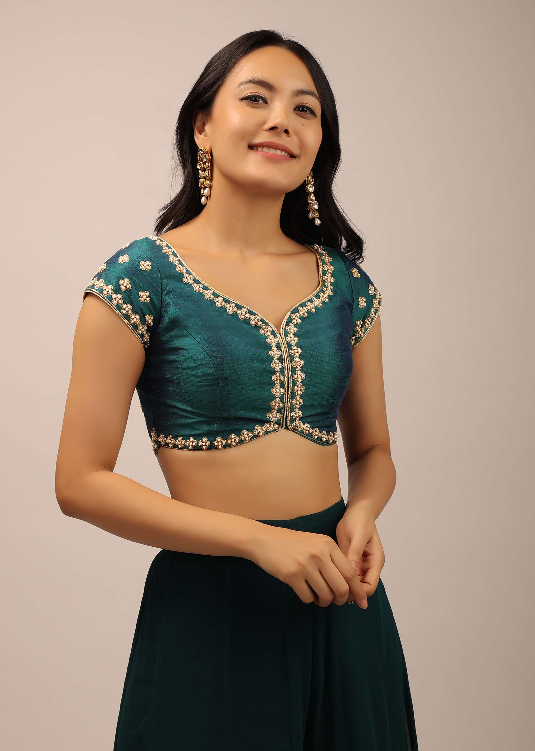 Teal Blouse In Raw Silk With Moti And Zari Work In Floral Design - Image 2