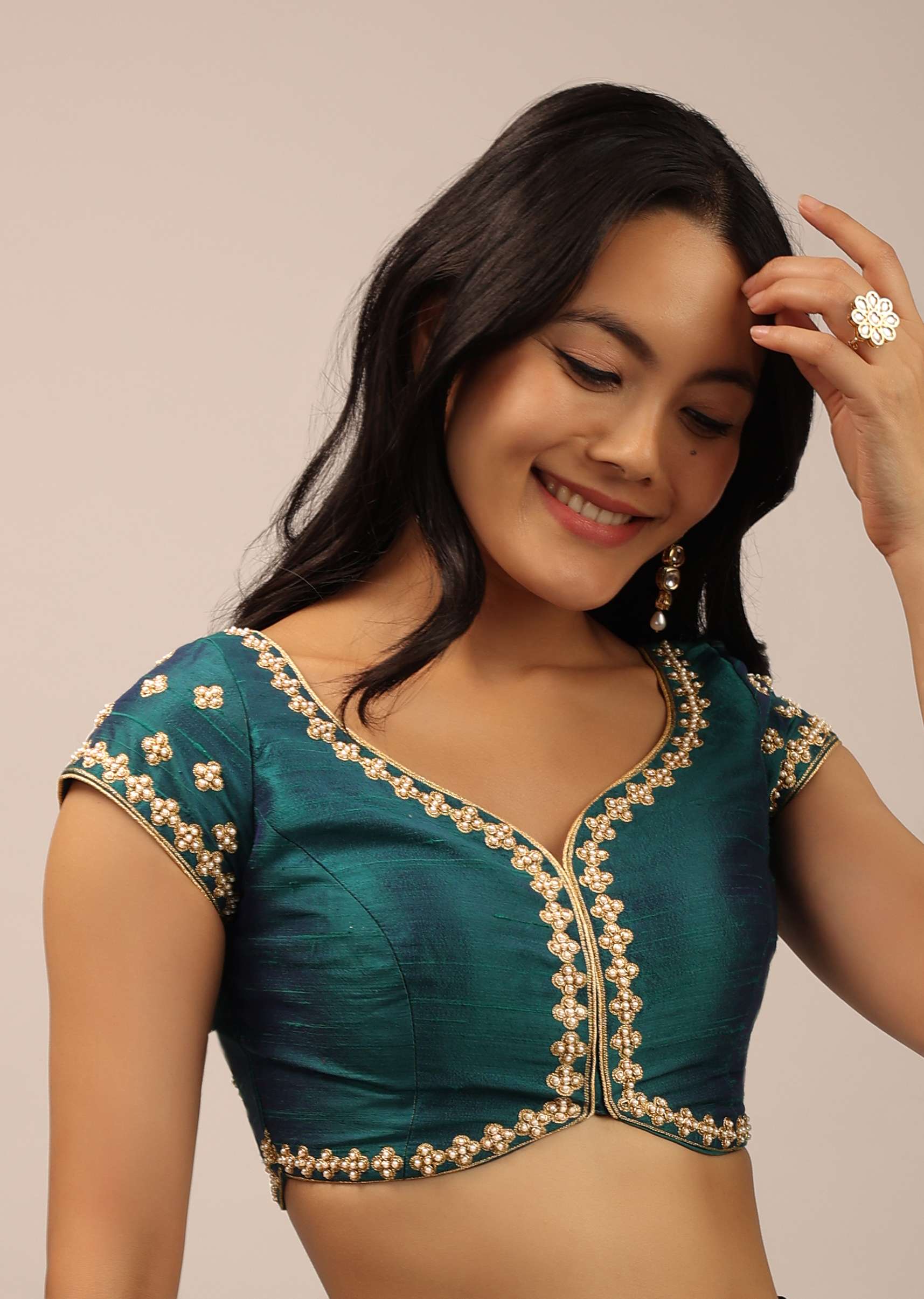 Teal Blouse In Raw Silk With Moti And Zari Work In Floral Design - Image 4