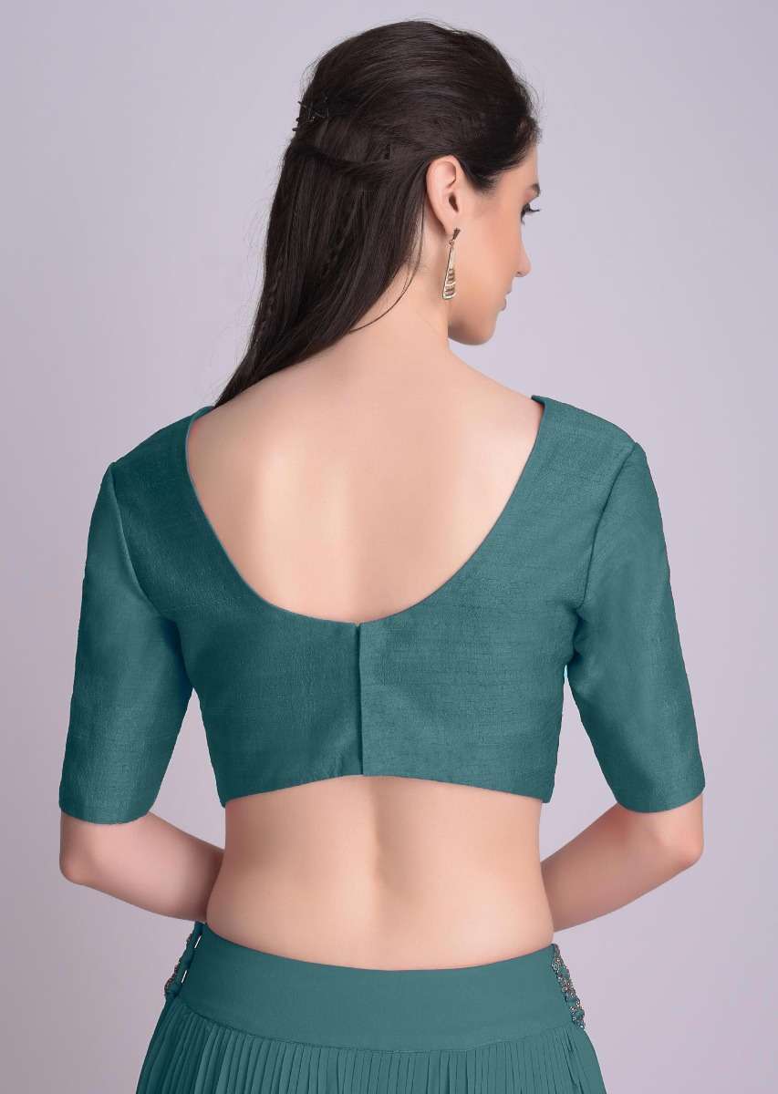 Teal Blue Blouse With Half Sleeves And Round Neckline - Image 5