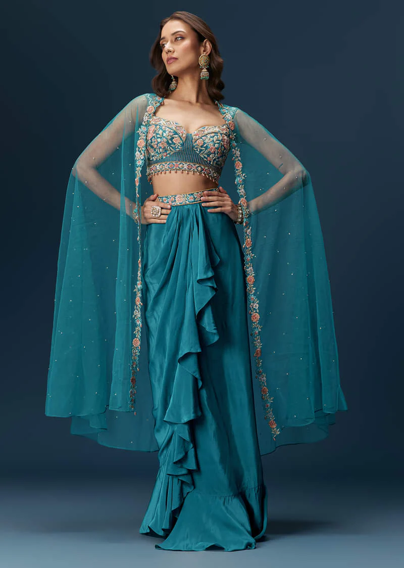 Teal Blue Dhoti Skirt Set With Embroidered Blouse And Net Dupatta - Image 3
