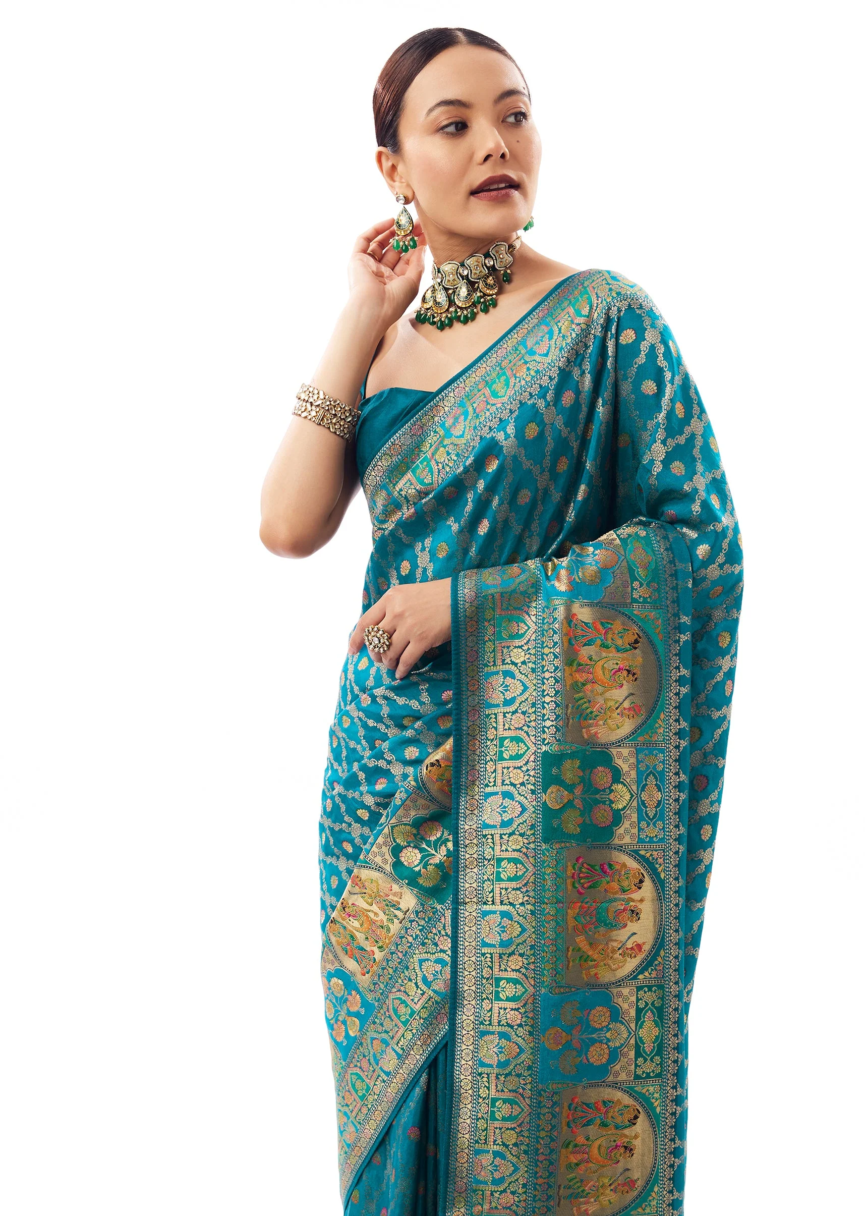 Teal Blue Dola Silk Zari Woven Saree - Image 5