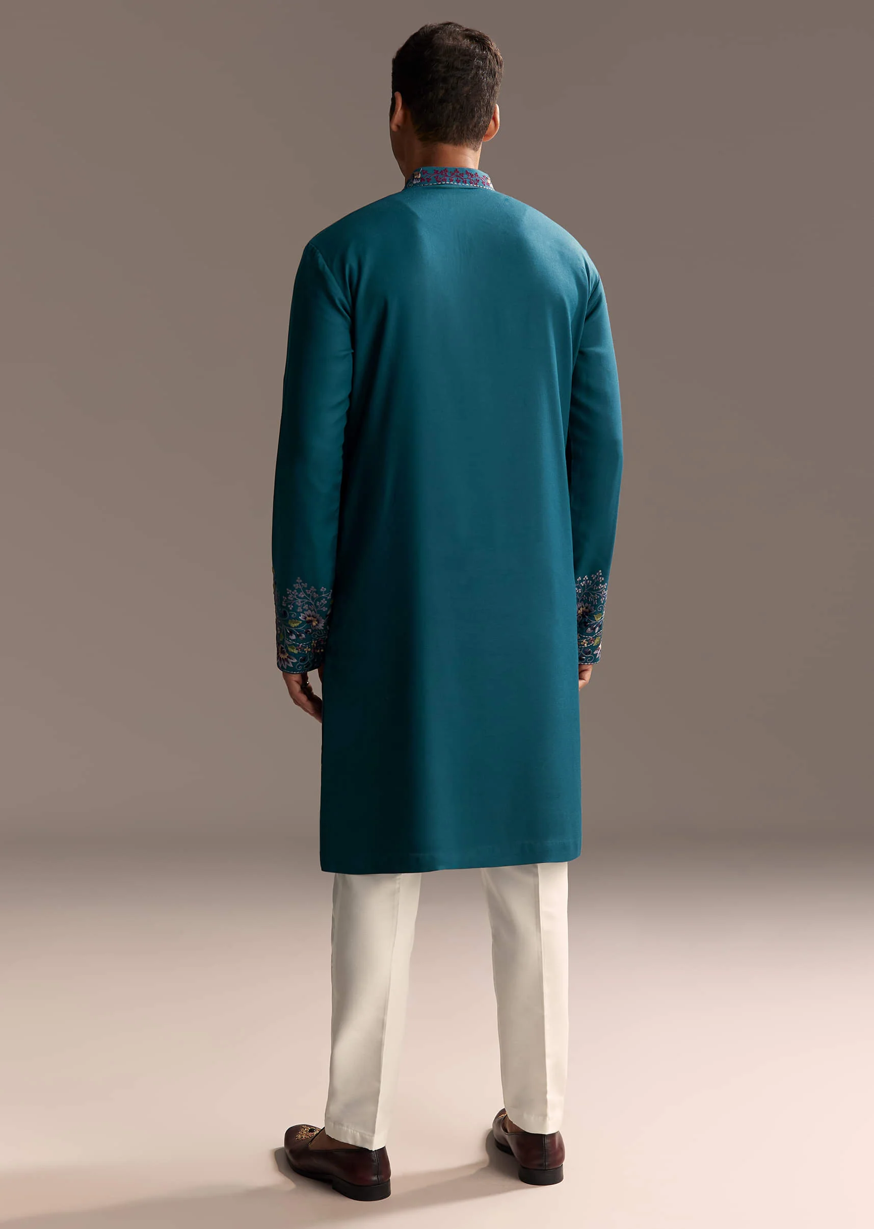 Teal Blue Modal Kurta Set For Men With Floral Resham Embroidery - Image 3