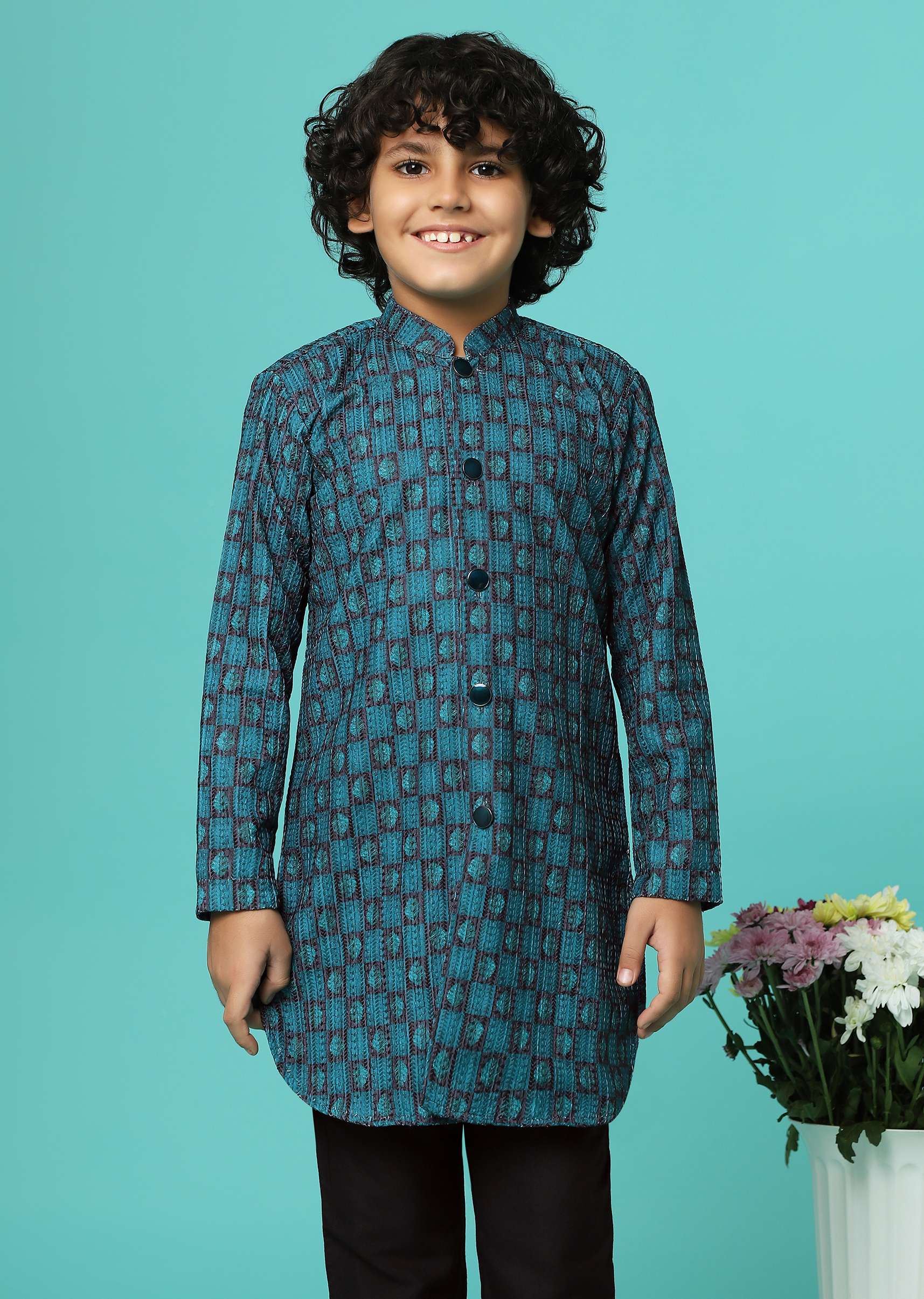 Teal Blue Printed Silk Kurta Pant Set - Image 2