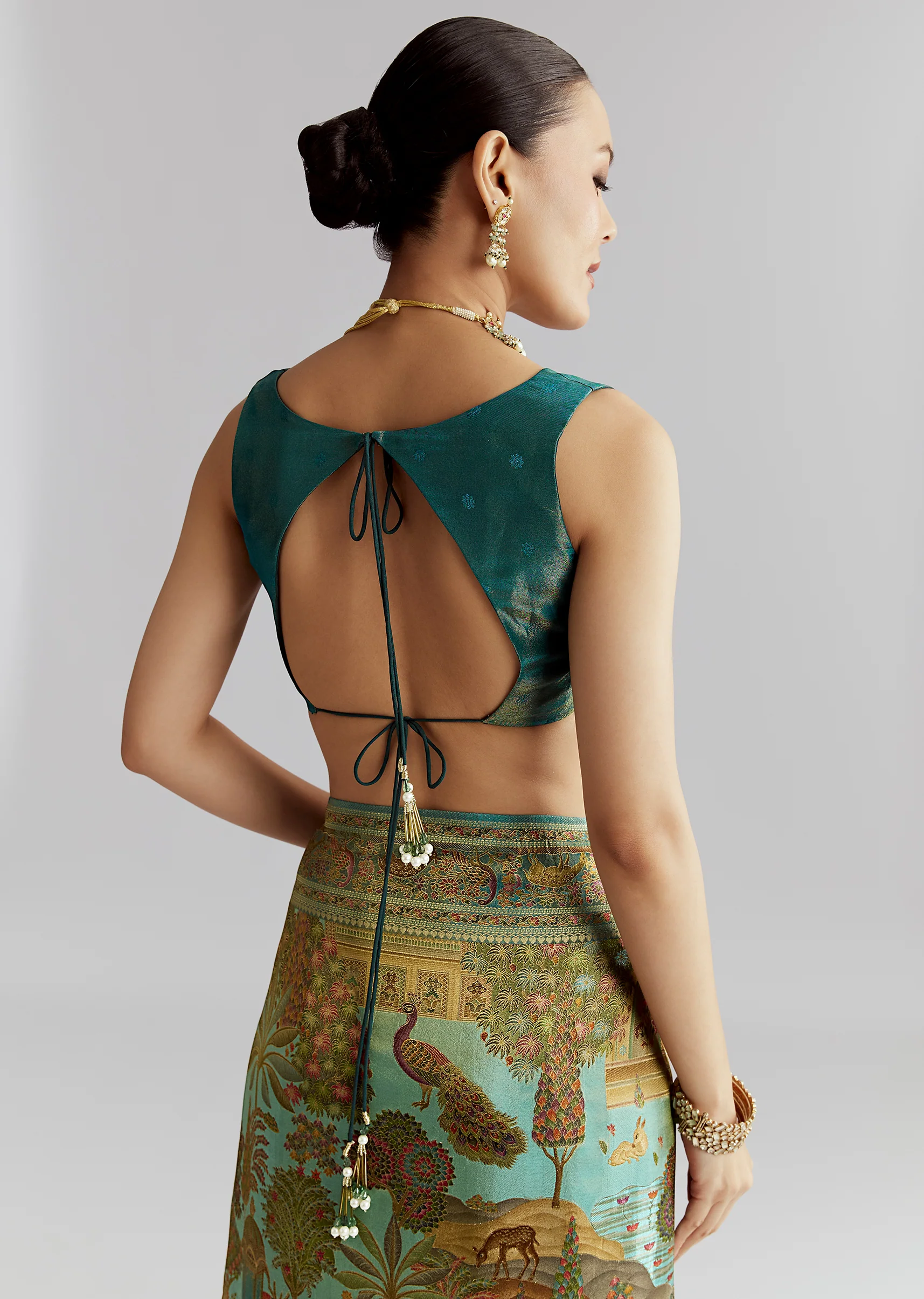 Teal Blue Satin Silk Woven Saree With Digital Historical Print - Image 8