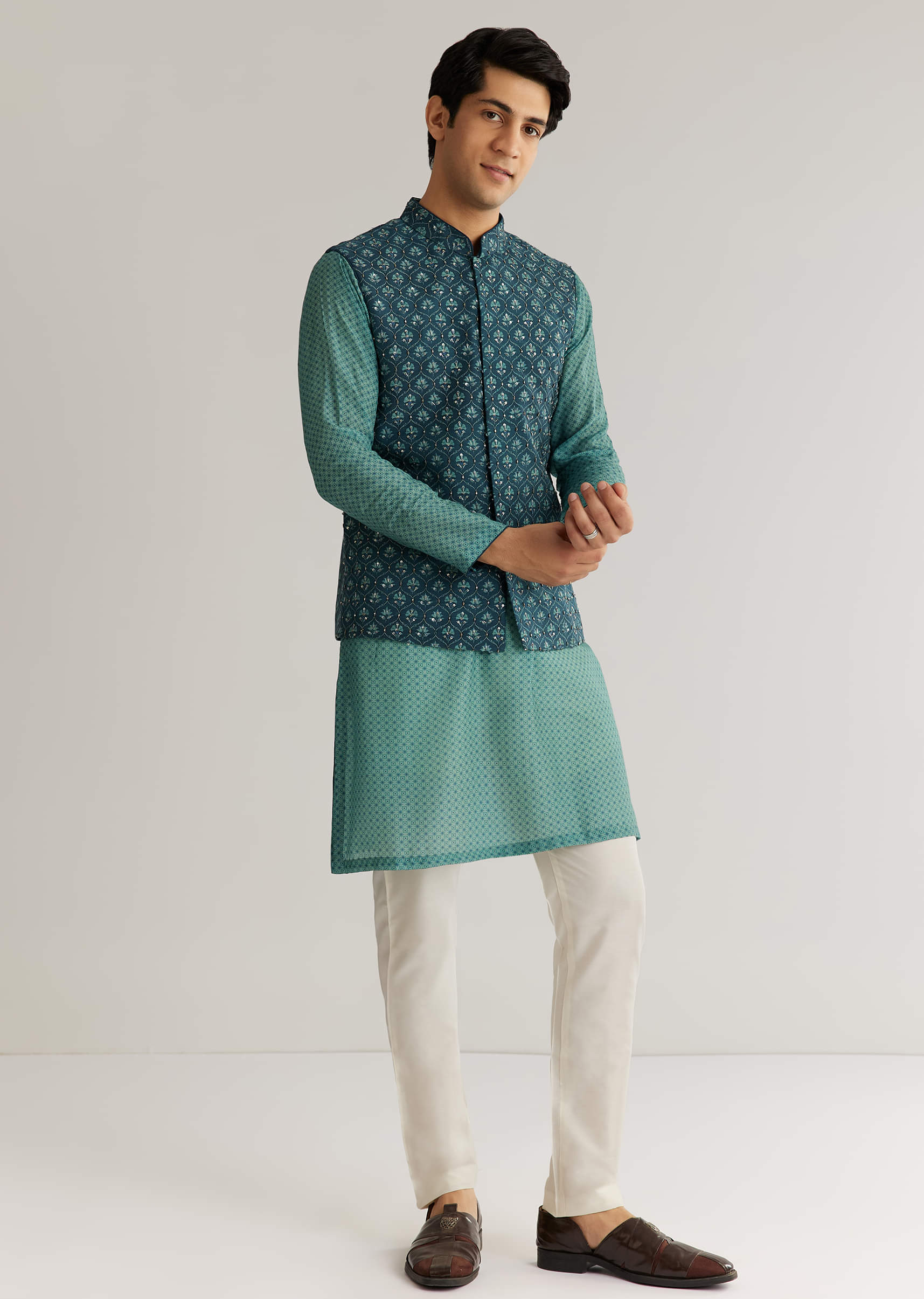 Teal Blue Silk Cutdana Sequins Kurta Jacket Set - Image 4