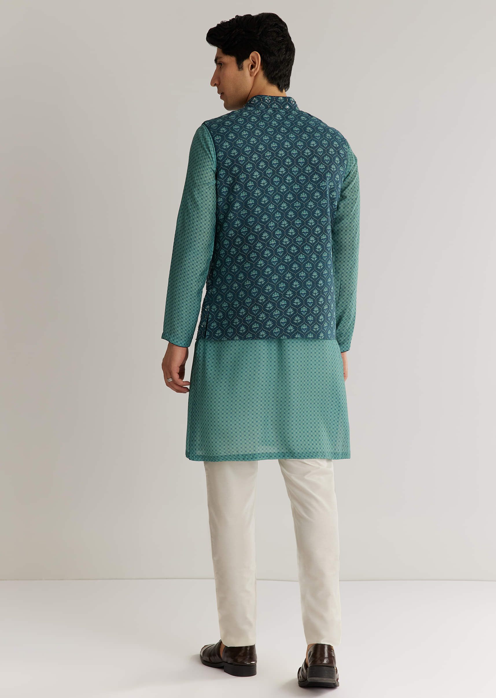 Teal Blue Silk Cutdana Sequins Kurta Jacket Set - Image 5