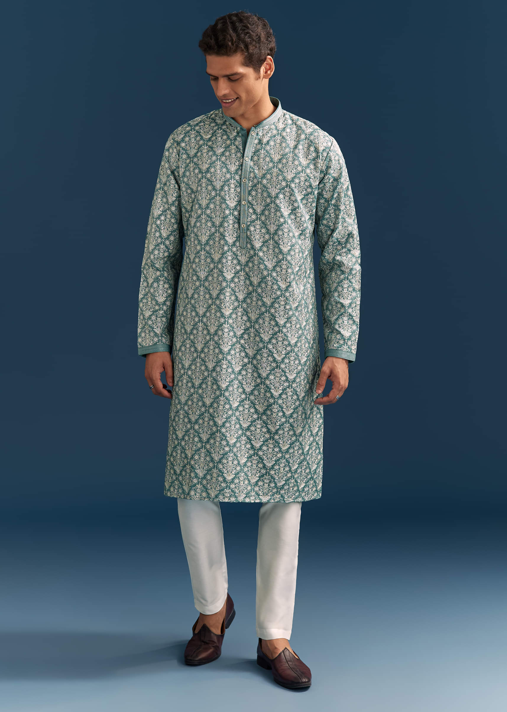 Teal Blue Silk Printed Kurta Set For Men With Thread Work - Image 2