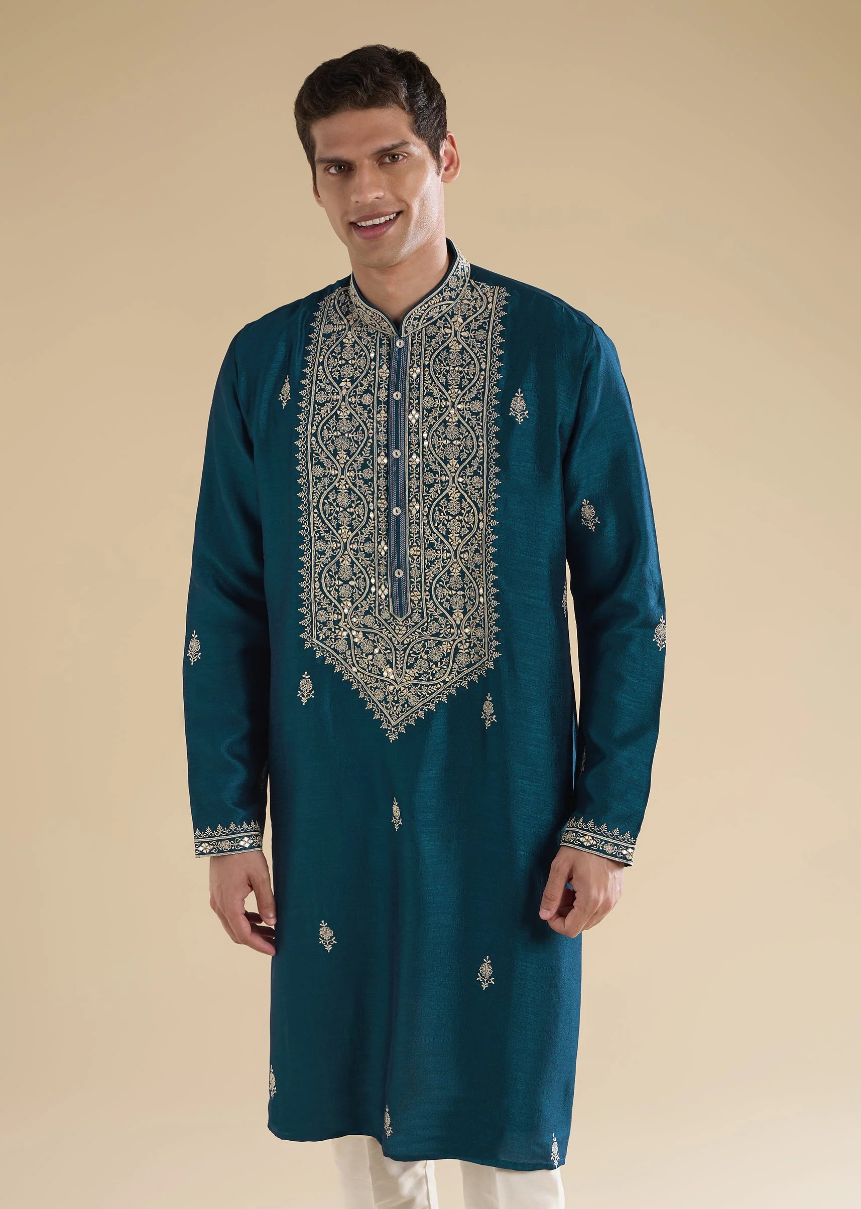 Teal Blue Twinning Statement – Pakistani Style Palazzo Suit For Her And Teal Mirror Detail Kurta Set For Him - Image 9