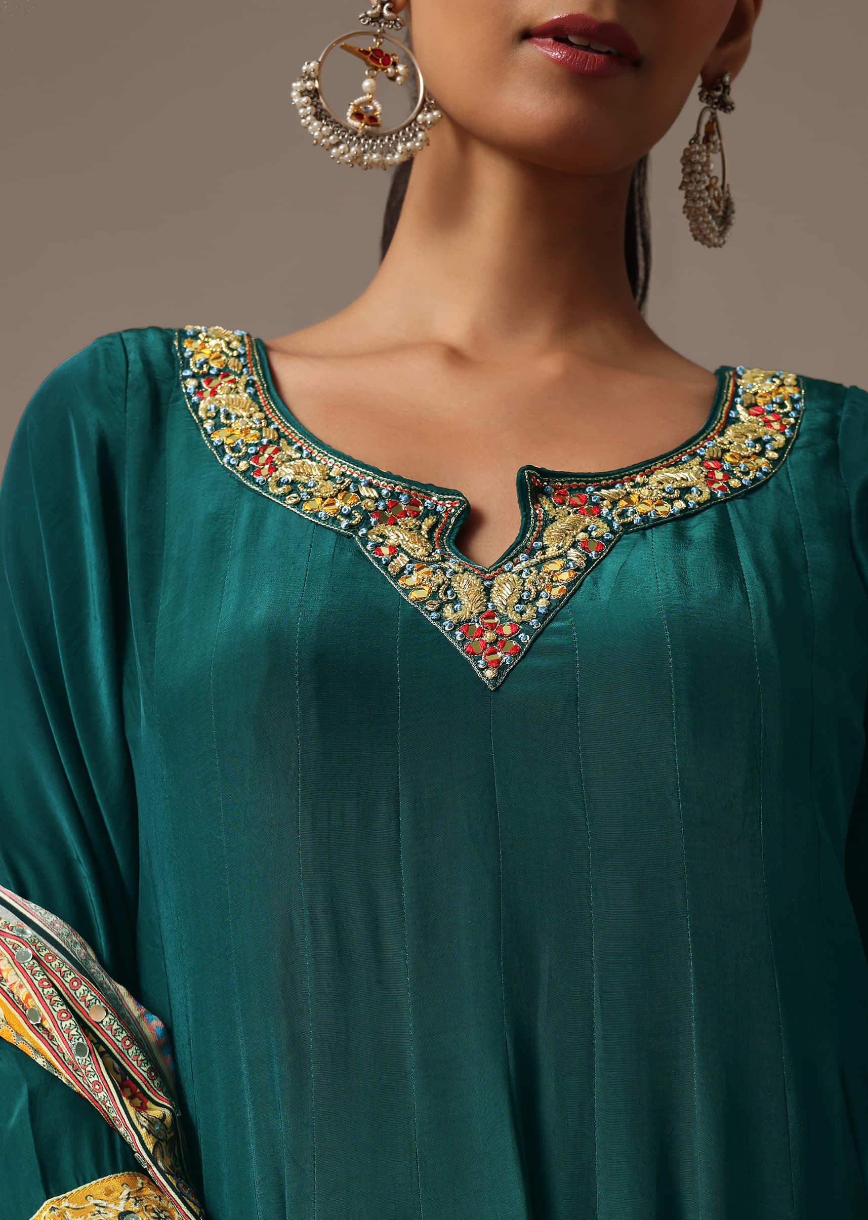 Teal Embroidered Kurta Palazzo Set With Mirror Work Dupatta - Image 2