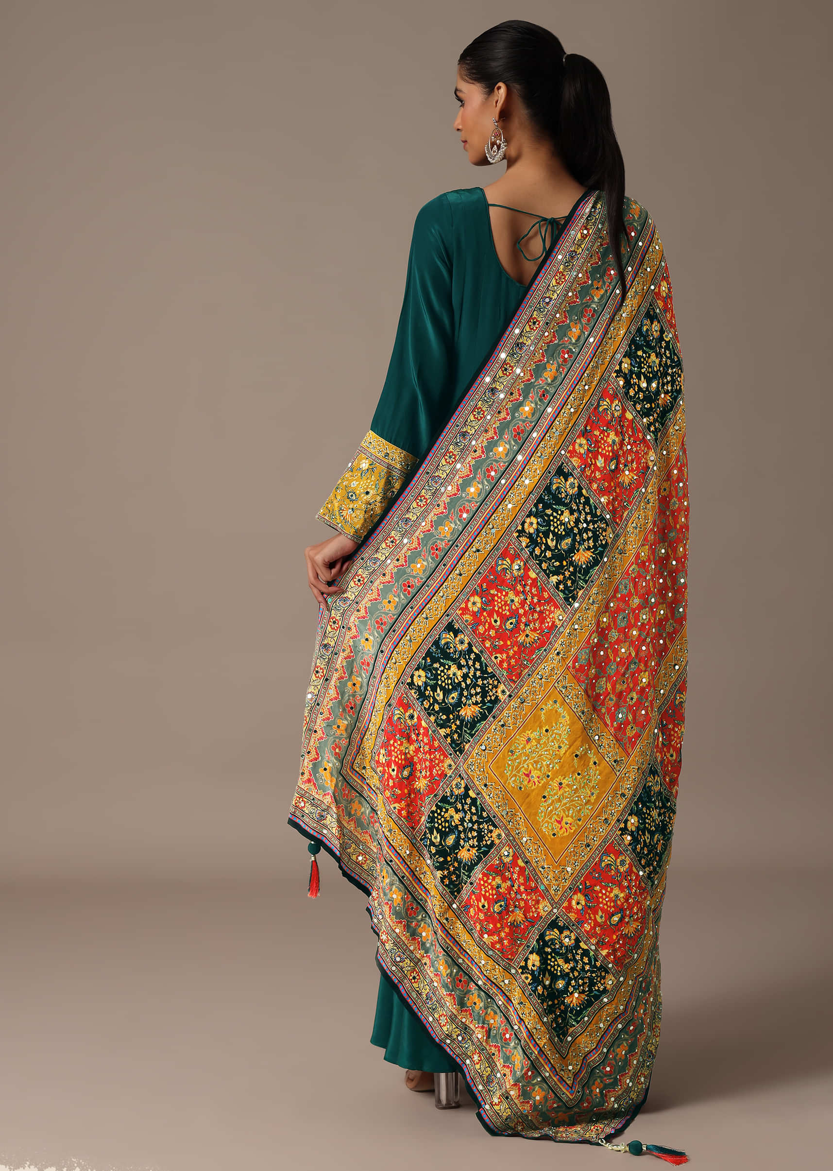 Teal Embroidered Kurta Palazzo Set With Mirror Work Dupatta - Image 5