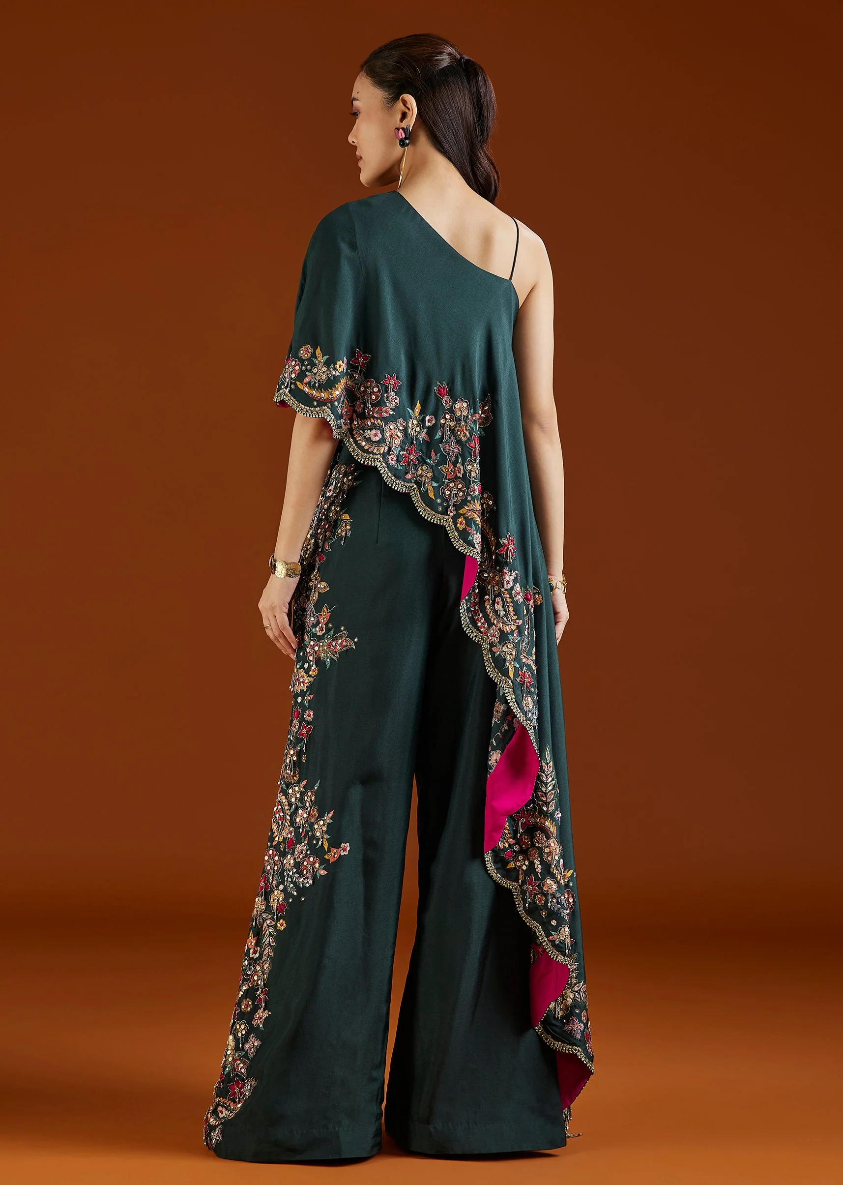 Teal Green Asymmetric Silk Blend Crop Top Palazzo Set - Image 5