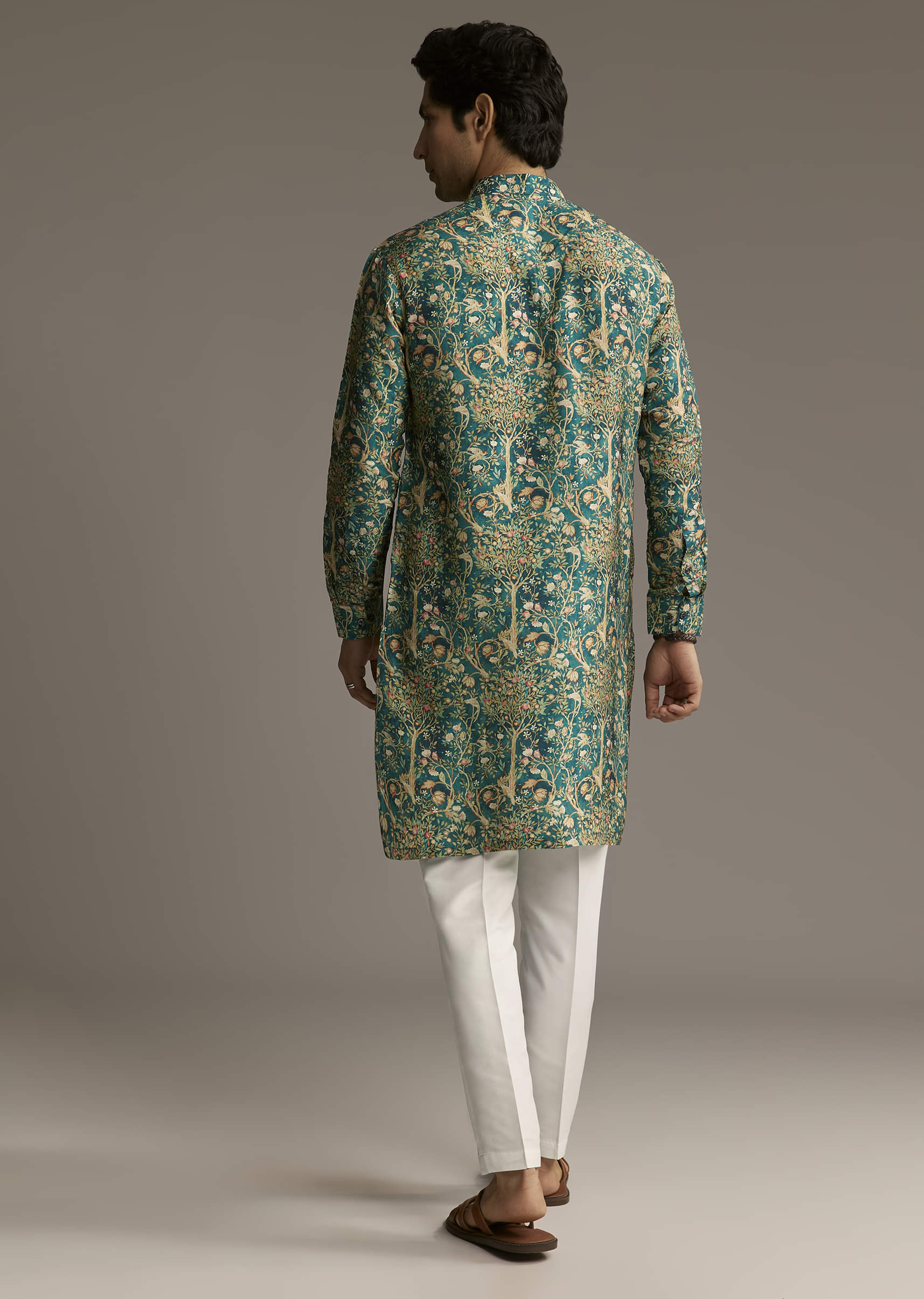 Teal Green Designer Kurta For Men With Ornamental Tree Motif Print - Image 5