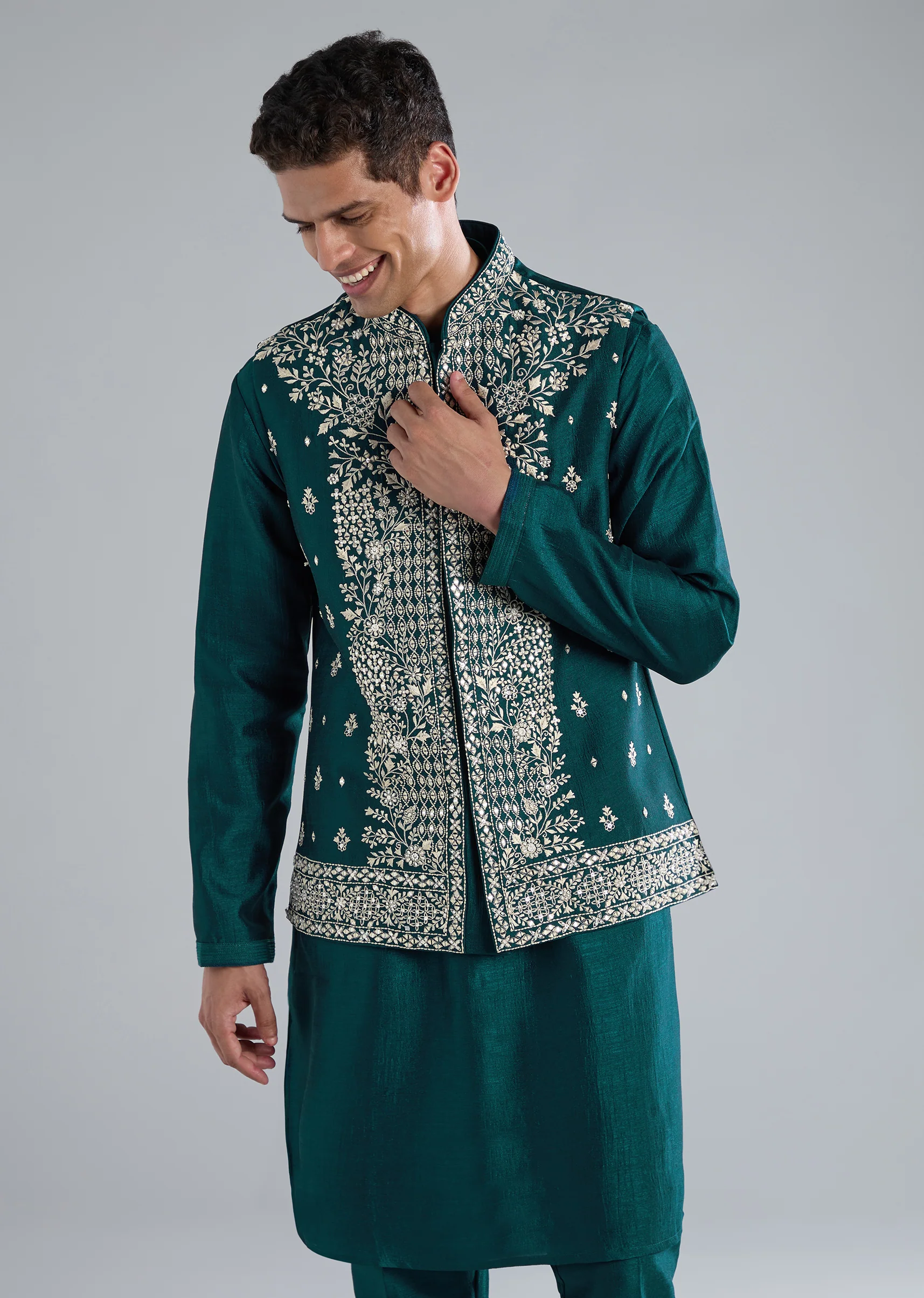 Teal & Peacock Duo ā Anarkali Set For Her And Kurta Jacket For Him - Image 8