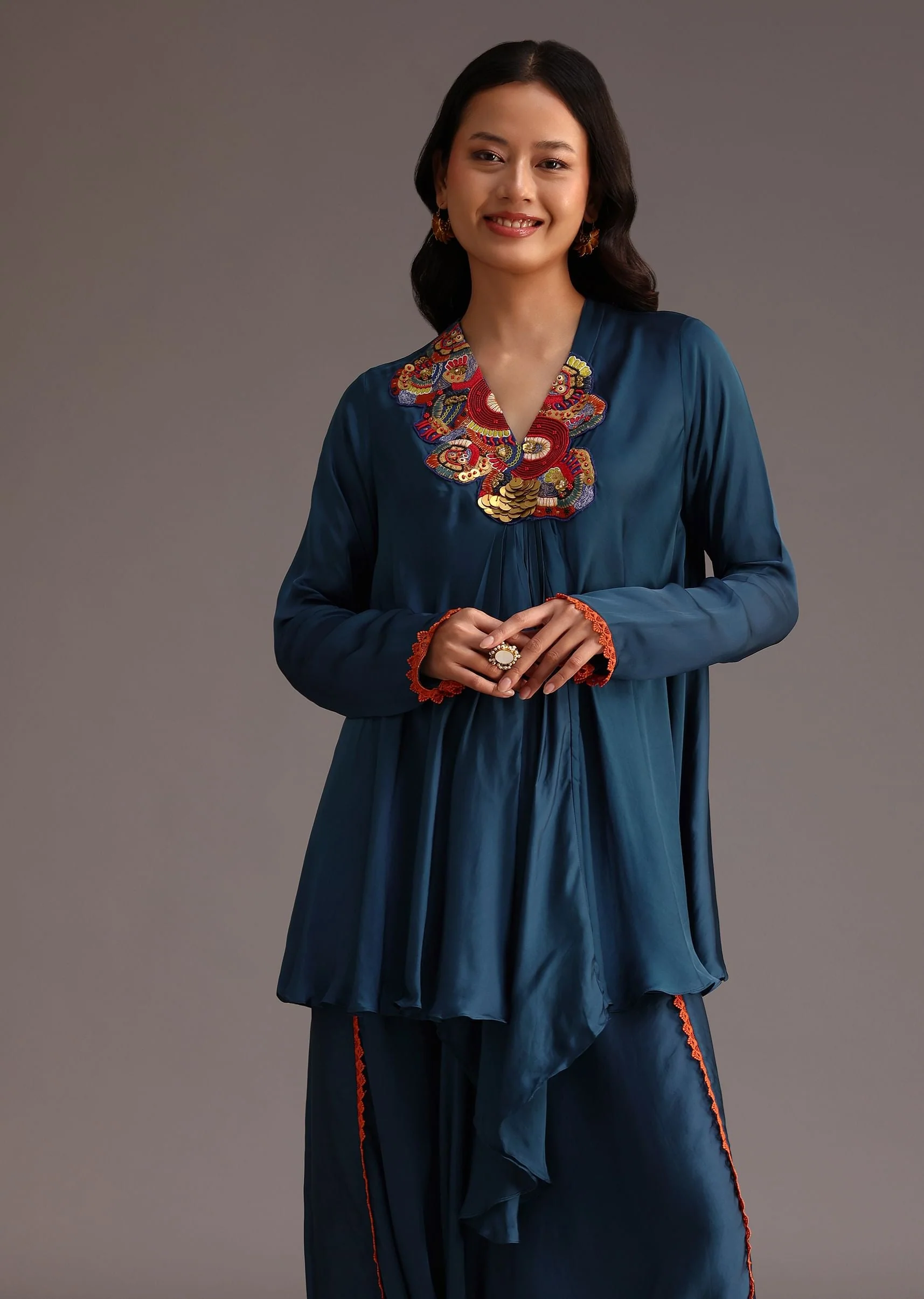 Teal Resham Work Kurti And Bohemian Dhoti - Image 4