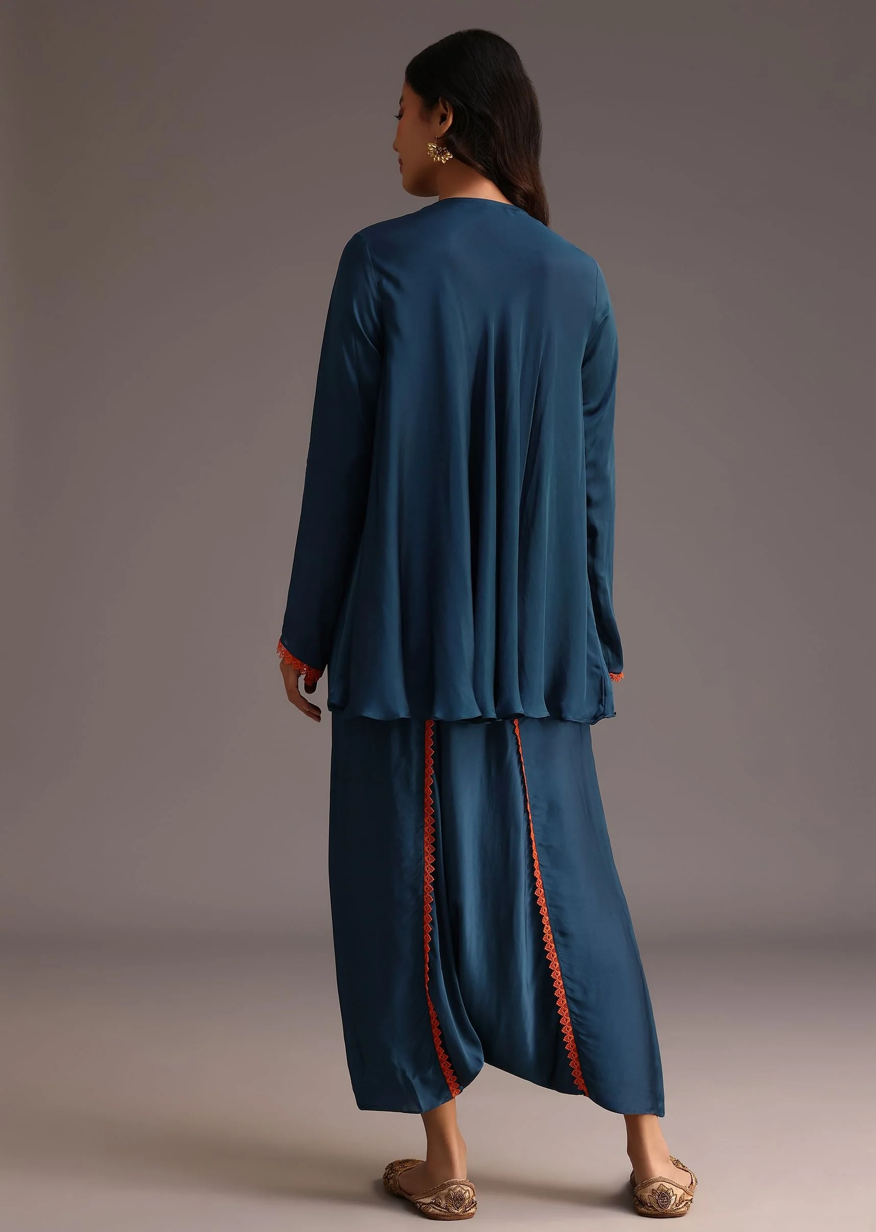 Teal Resham Work Kurti And Bohemian Dhoti - Image 5