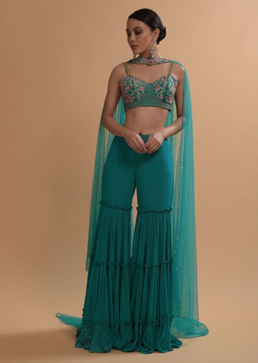 Teal Sharara And Crop Top Set With Colorful Resham, Cut Dana And Moti Embroidered Spring Blooms - Image 6