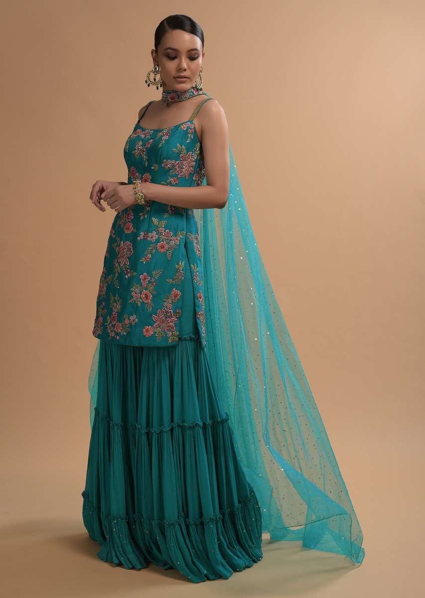 Teal Sharara Suit With Colorful Resham, Cut Dana And Moti Embroidered Spring Blossoms - Image 2
