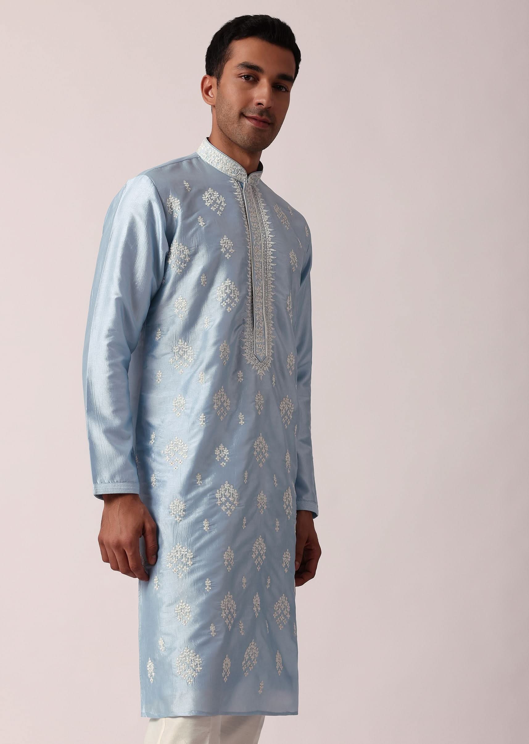 Timeless Blue Silk Kurta Set For Men - Image 3