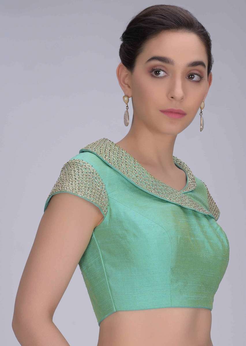 Turq green two toned raw silk blouse with fancy collar only on Kalki - Image 3