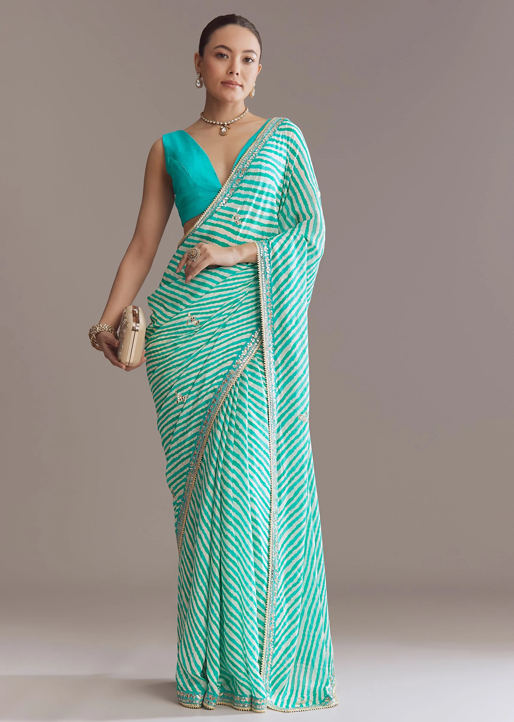 Turquoise Blue Chinon Saree With Leheriya And Gota Work - Image 2
