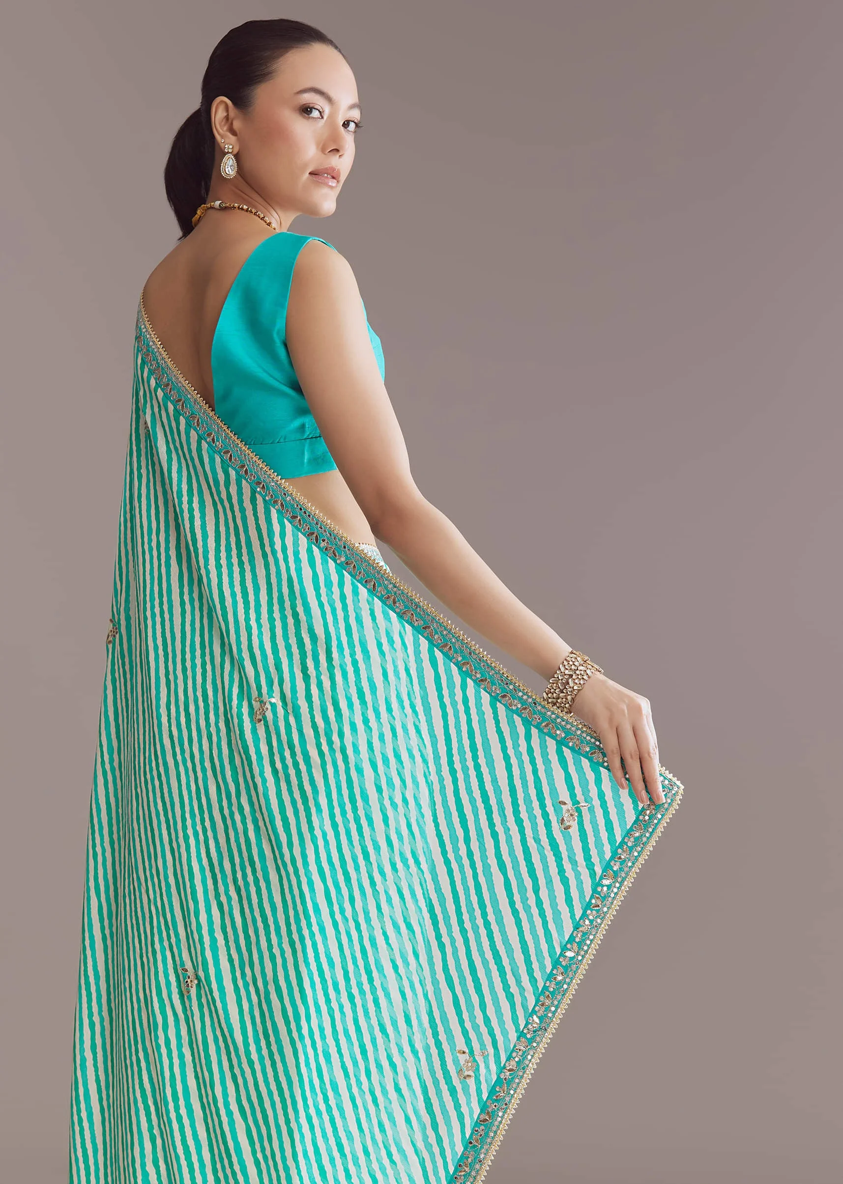 Turquoise Blue Chinon Saree With Leheriya And Gota Work - Image 6