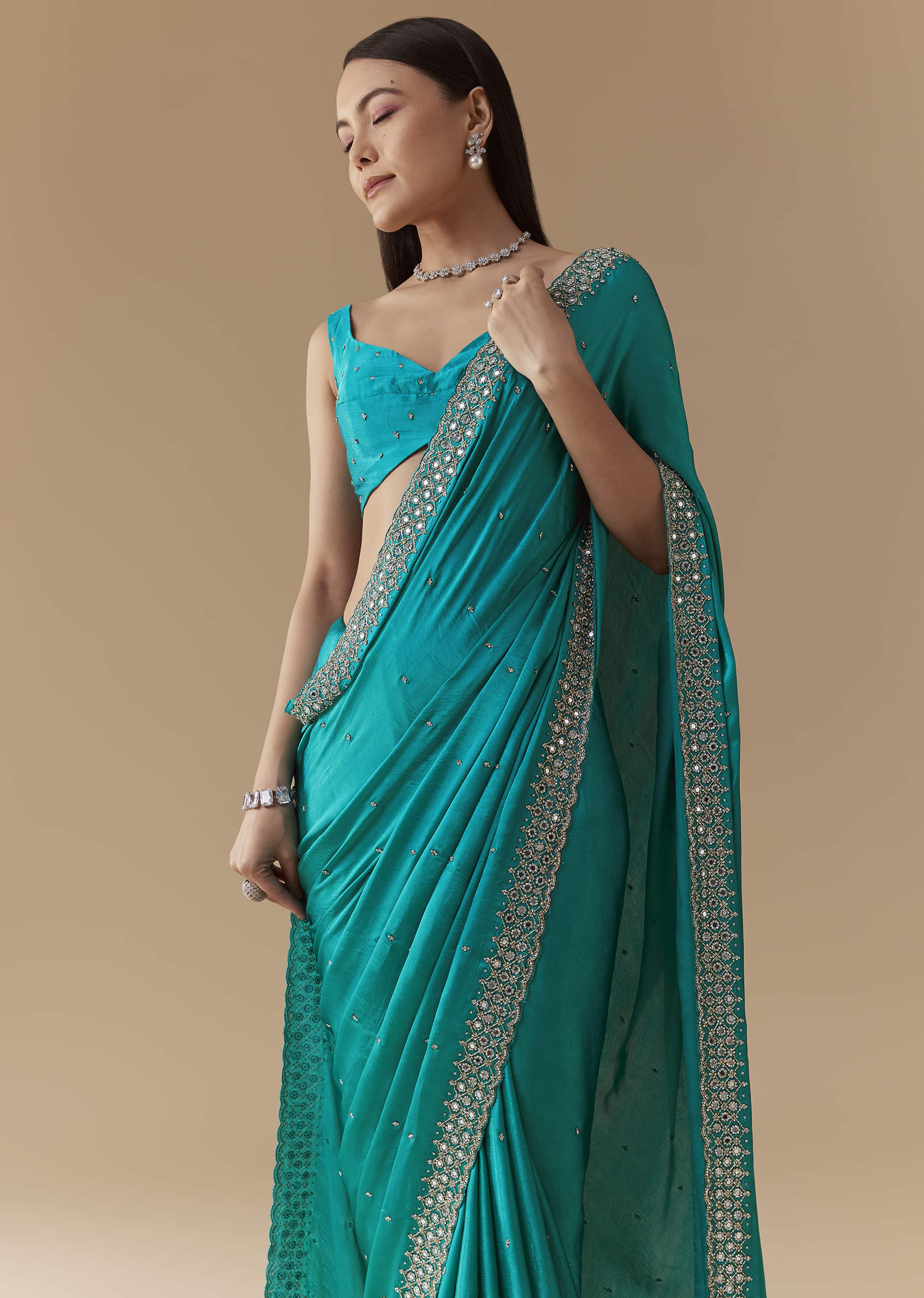 Turquoise Blue Embellished Saree with Unstitched Blouse - Image 5