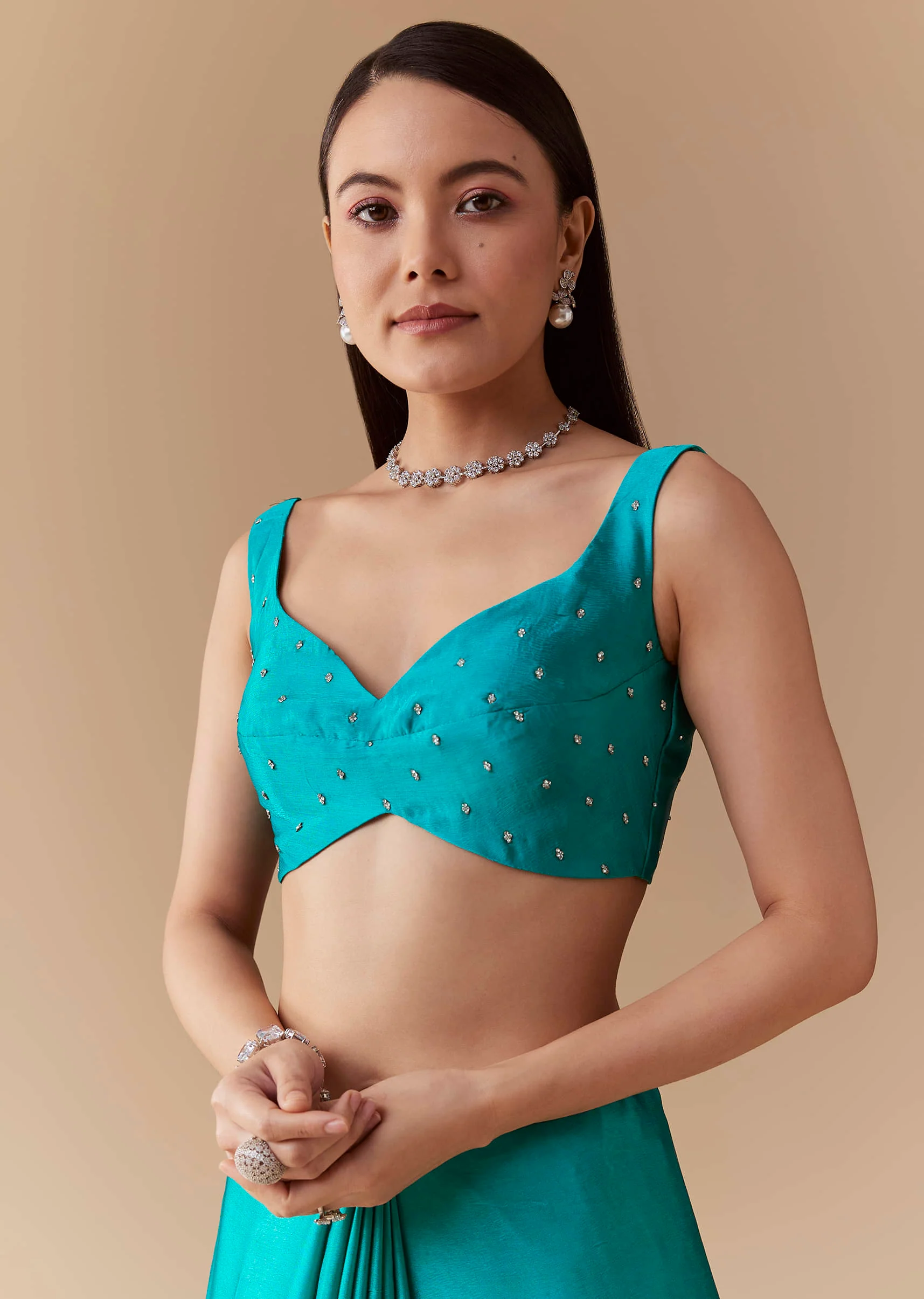 Turquoise Blue Embellished Saree with Unstitched Blouse - Image 7