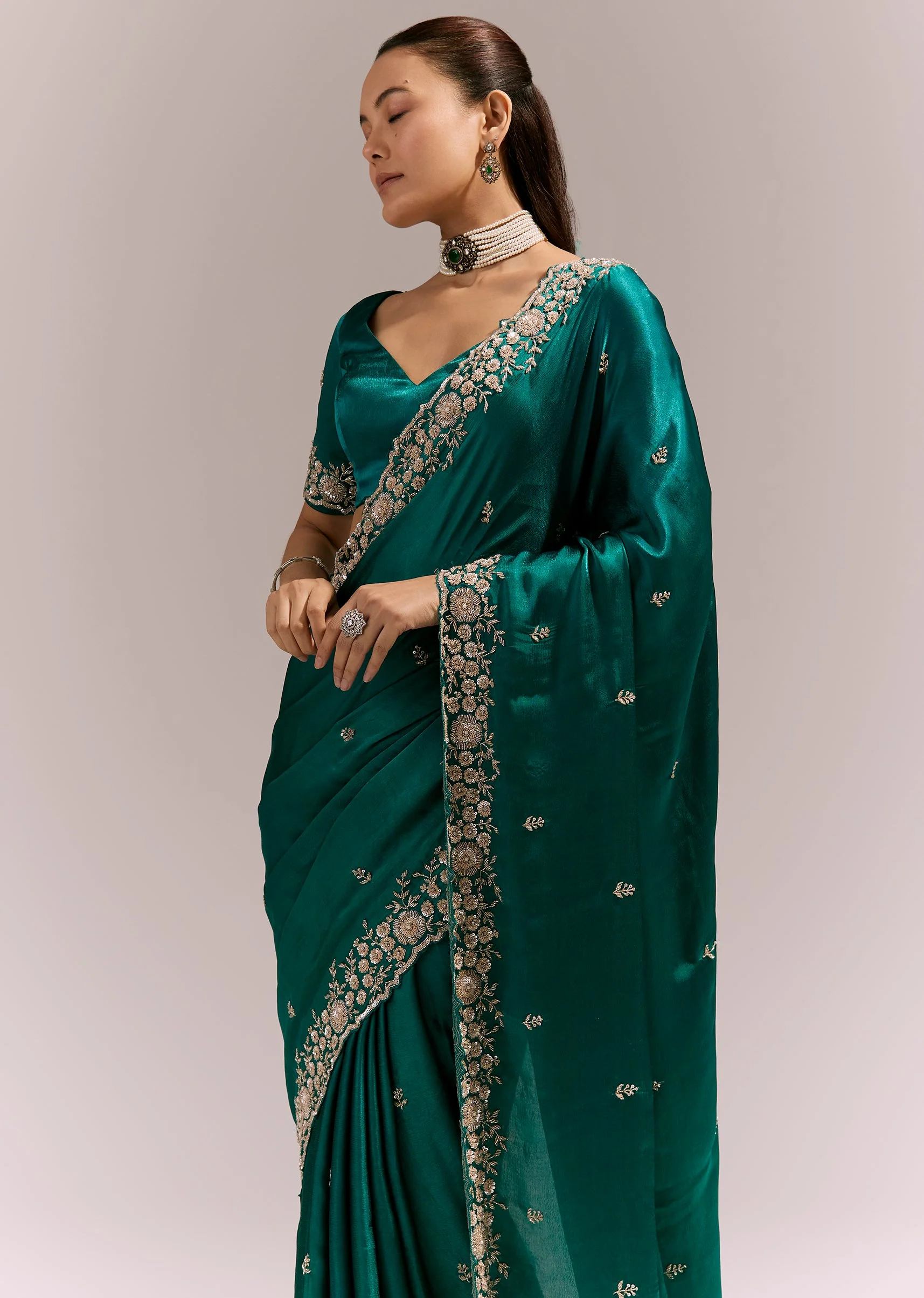Turquoise Blue Satin Chinon Saree With Cutwork Floral Embroidered Border - Image 5
