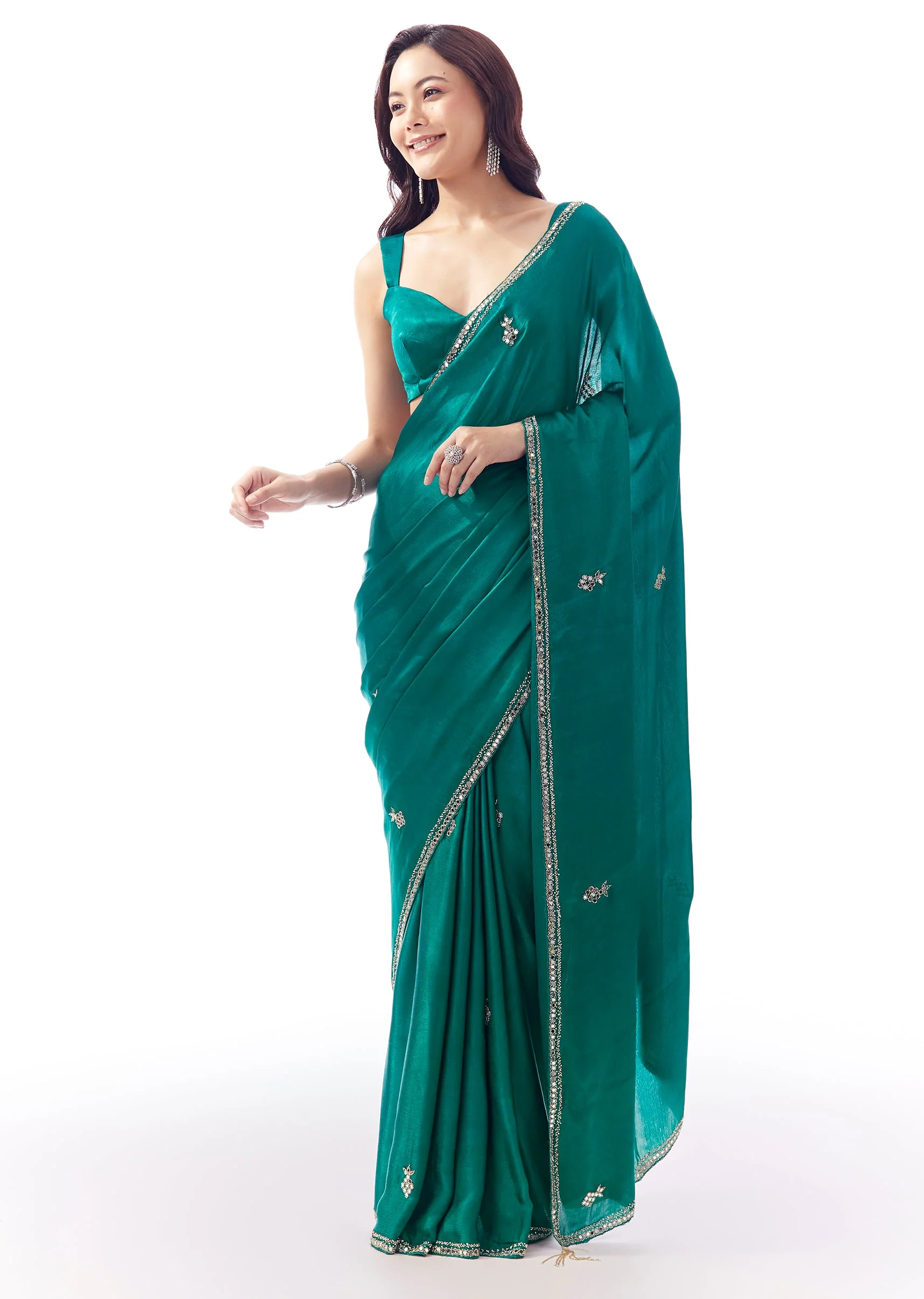 Turquoise Blue Satin Chinon Saree With Mirror And Bead Embroidered Border