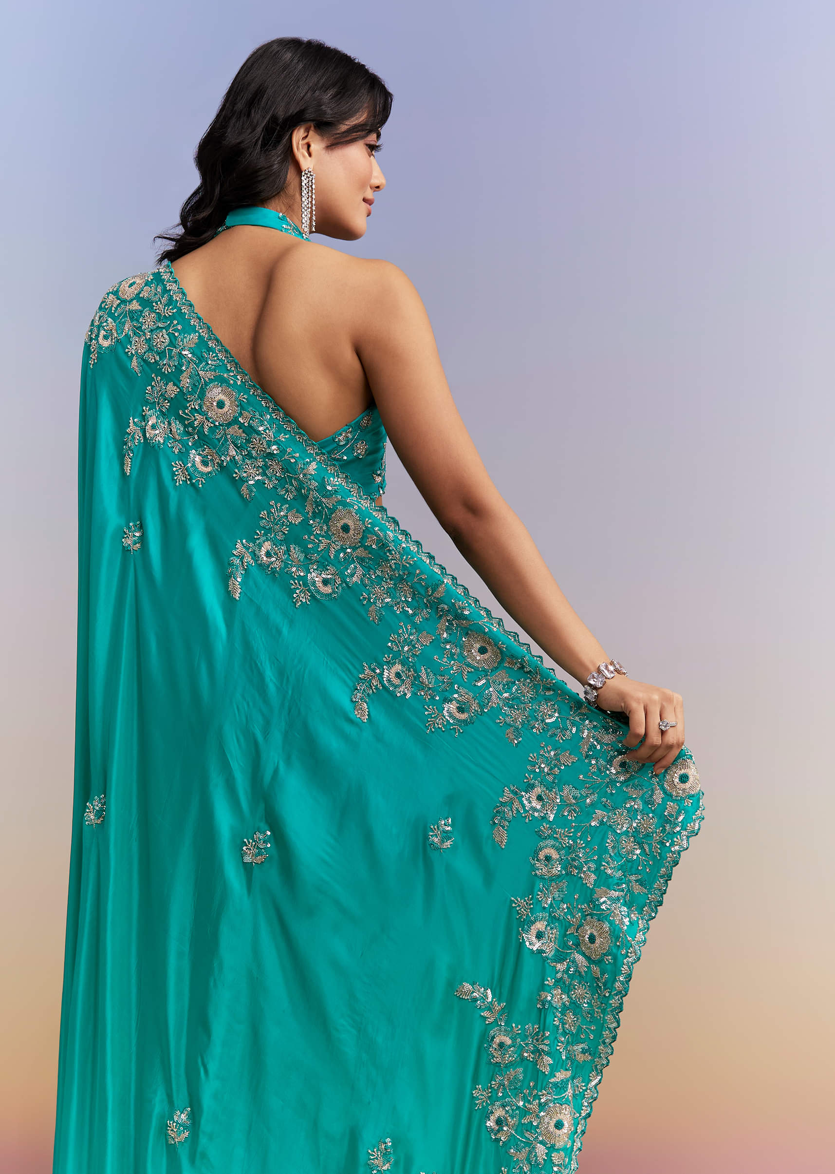 Turquoise Blue Satin Saree With Heavy Embroidered Details - Image 6