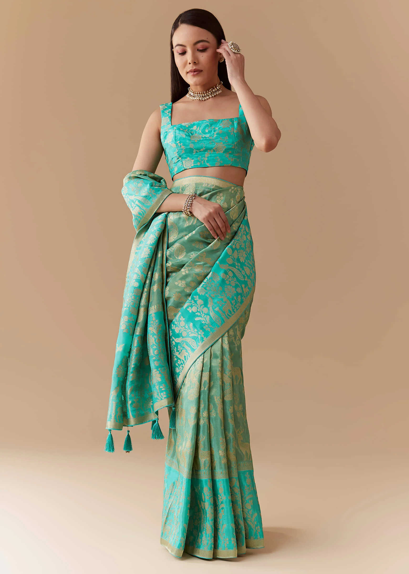 Turquoise Blue Zari Weave Silk Saree with Unstitched Blouse - Image 3