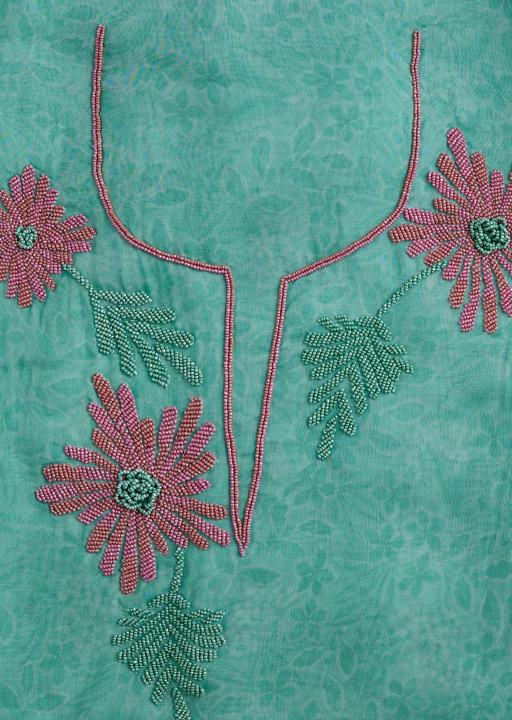 Turquoise Organza Bead Work Unstitched Suit Set With Printed Dupatta - Image 2