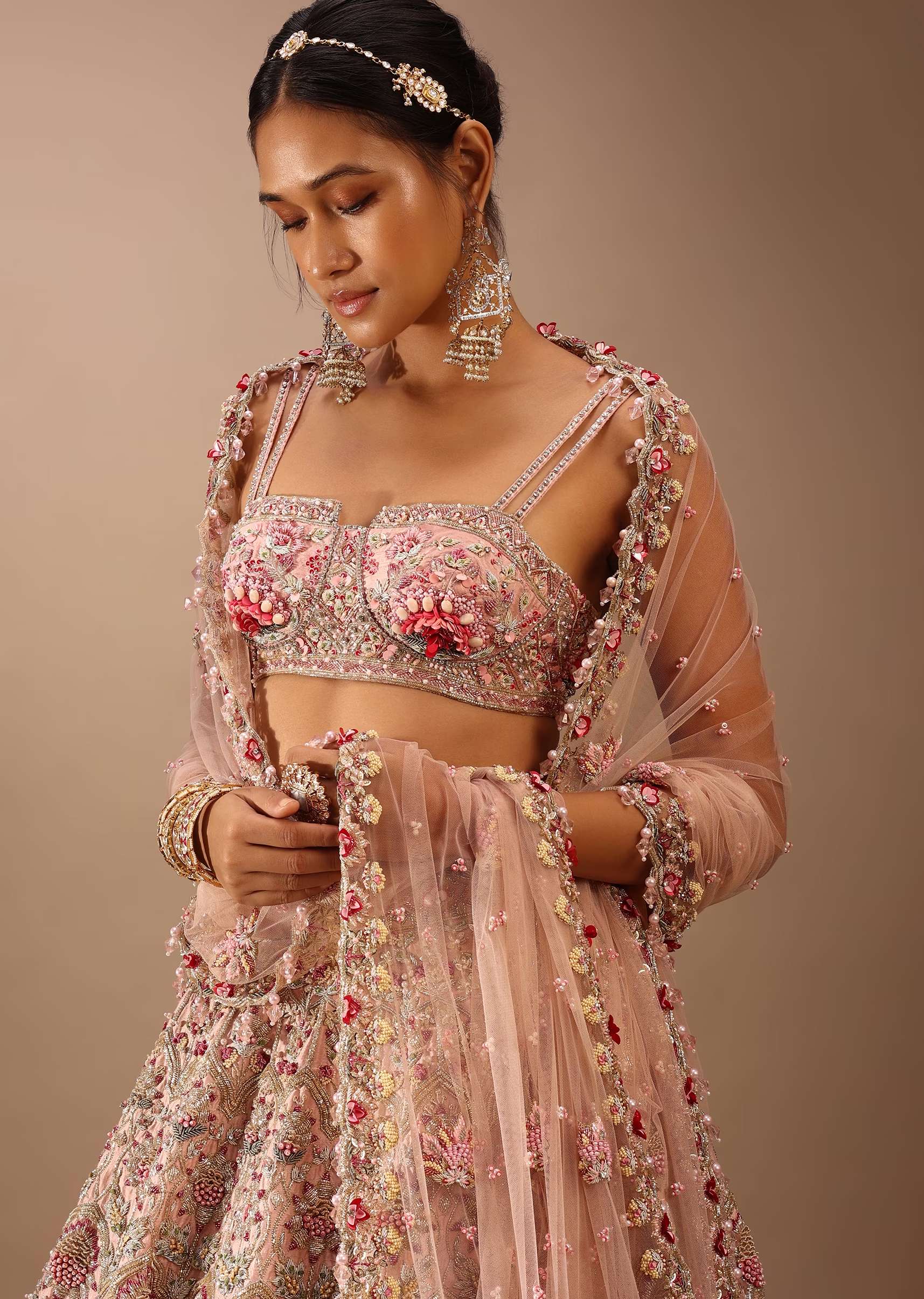 Charm Pink Rumi Lehenga Set In 3D Flower Motifs And Abla Embroidery, Crop Top Comes With The Similar Embroidery - Image 5