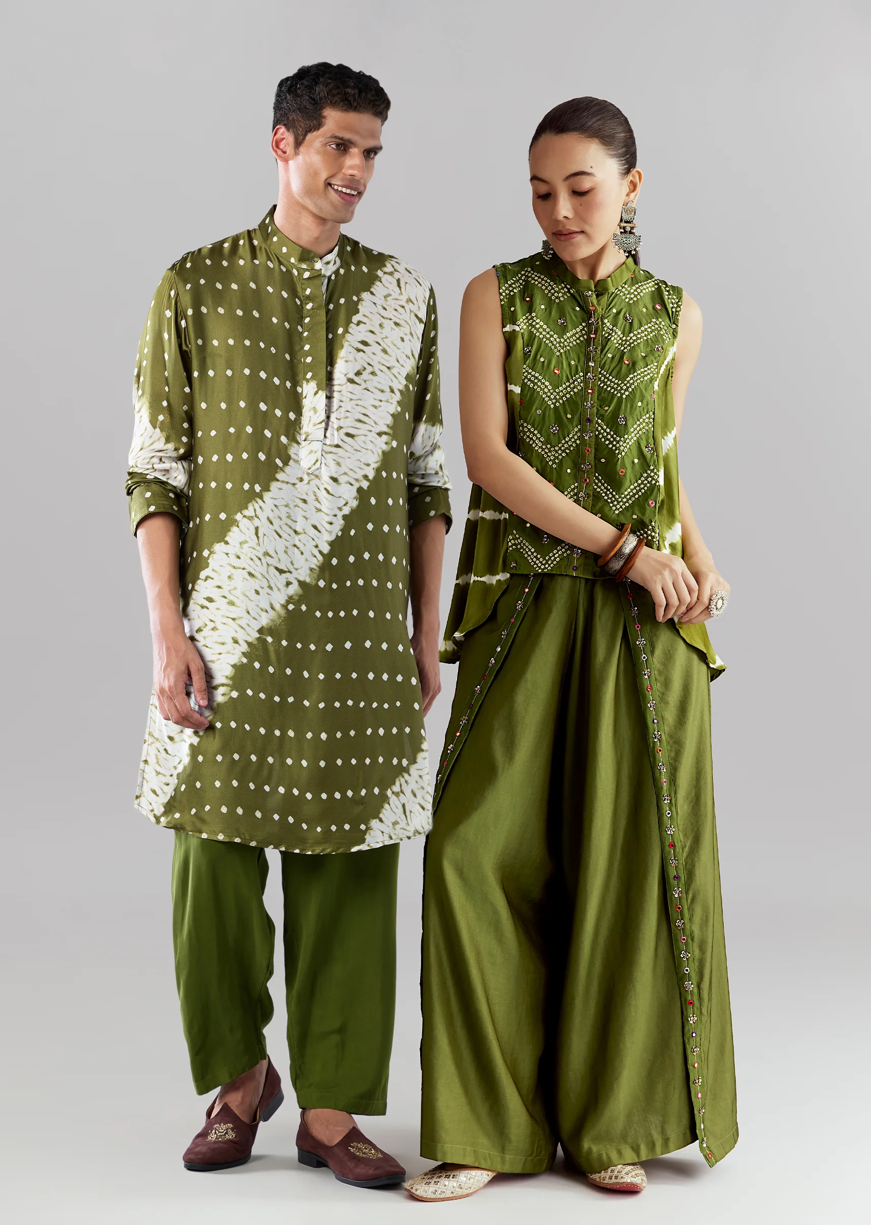 Vibrant Green Indo-Western Couple Set – Green Satin Indo-Western Set For Her And Green Bandhani Kurta Set For Him