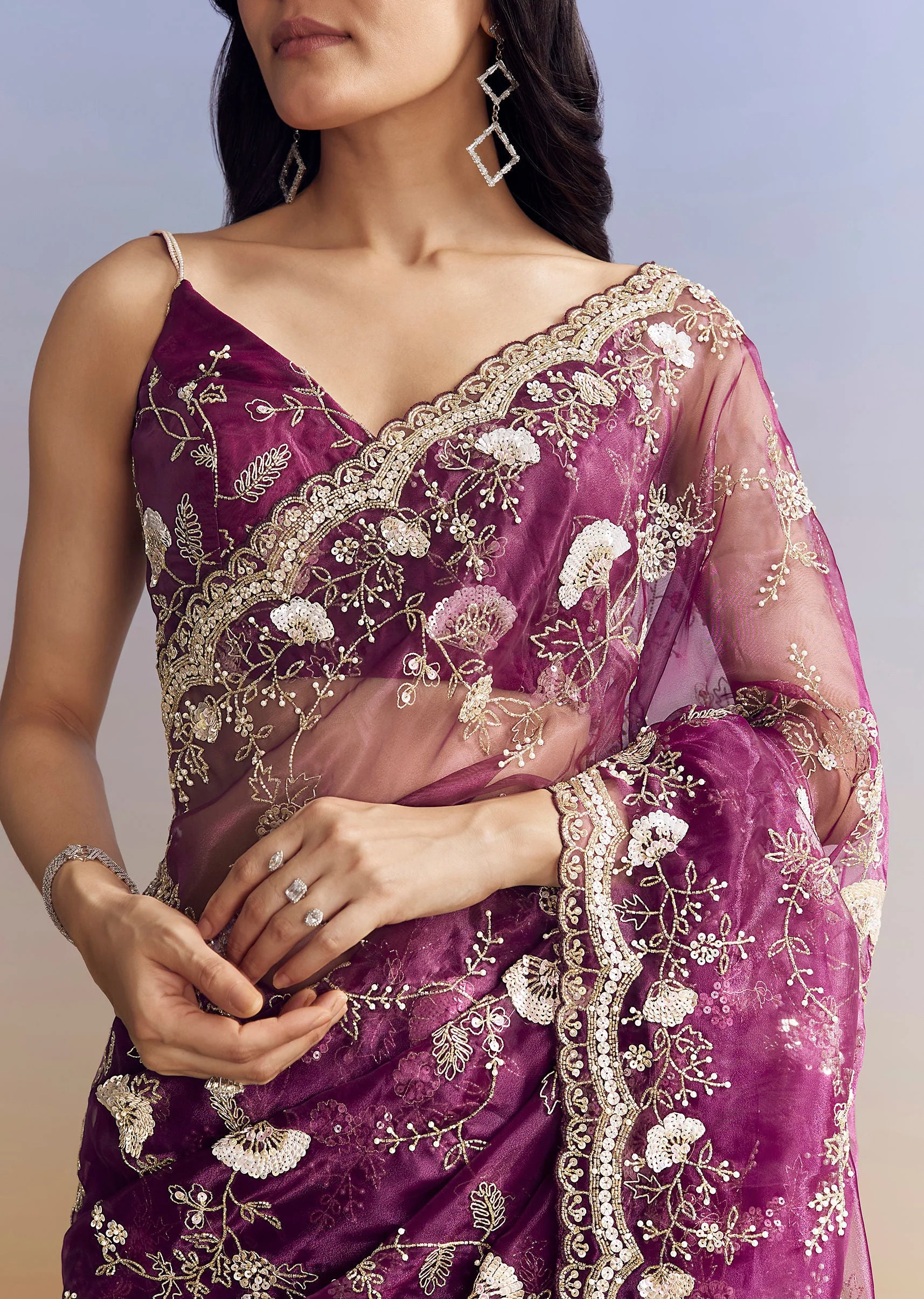 Violet Organza Saree With All Over Embroidered Floral Jaal - Image 2