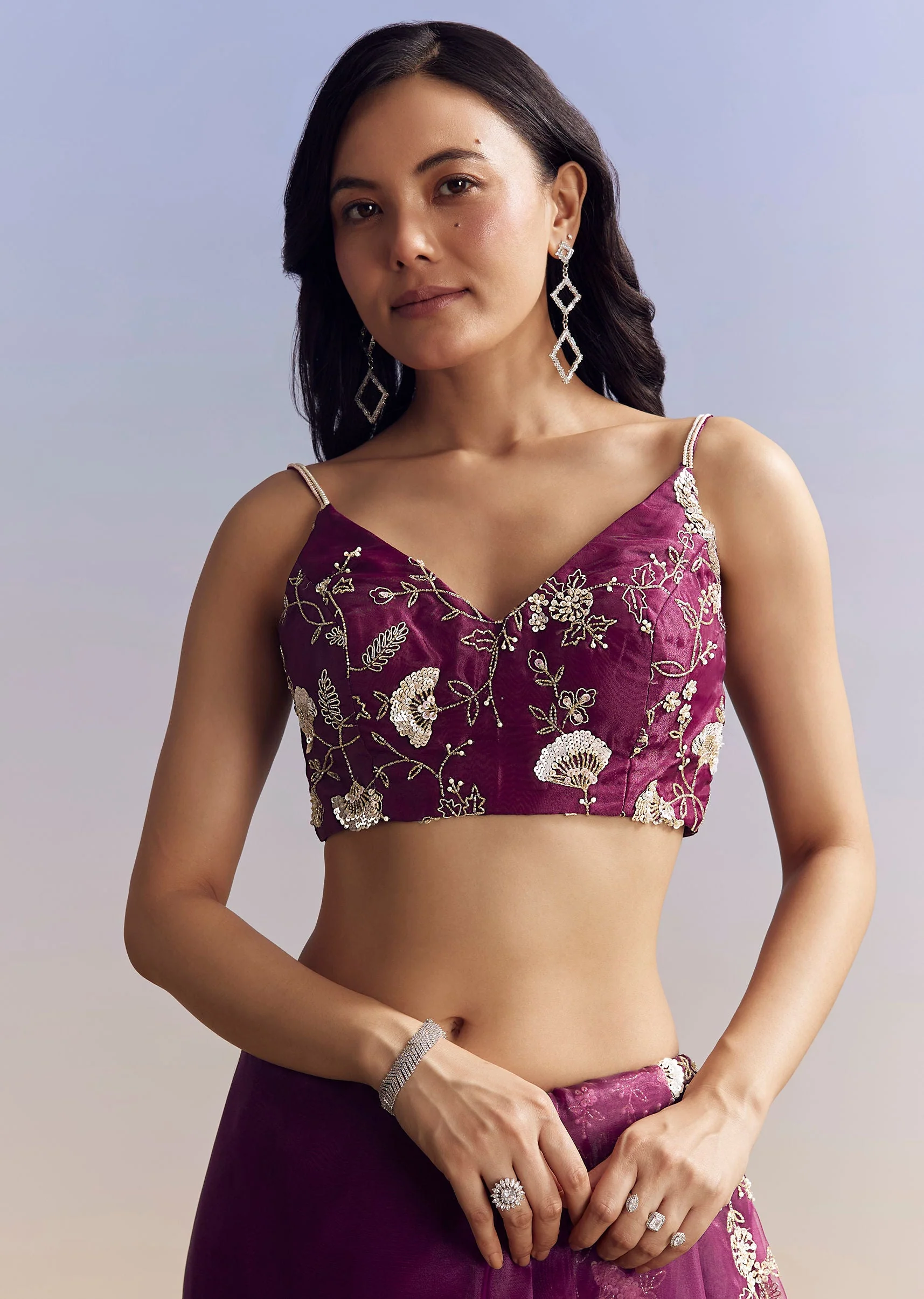 Violet Organza Saree With All Over Embroidered Floral Jaal - Image 7