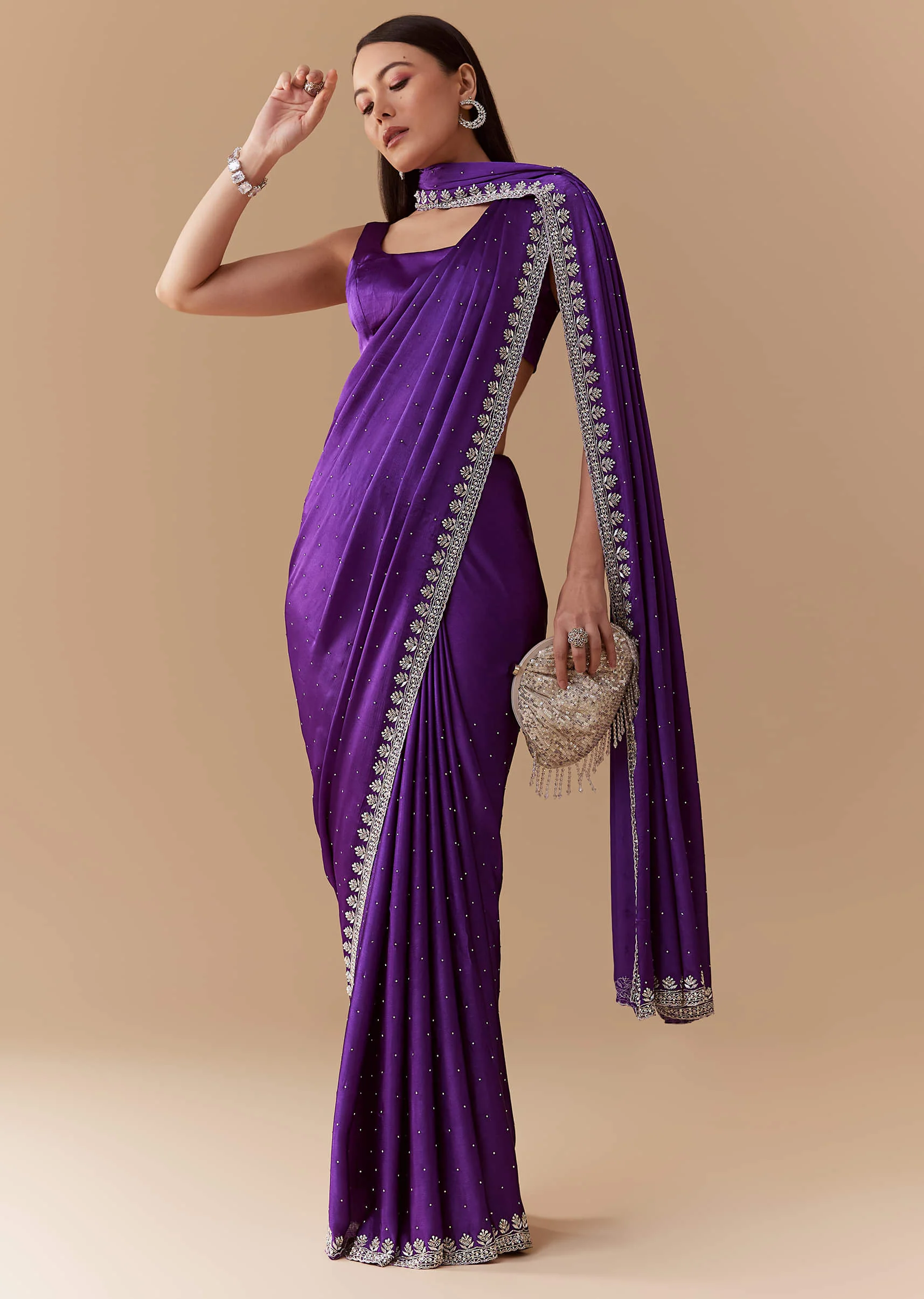 Violet Stone Embellished Saree with Unstitched Blouse - Image 3