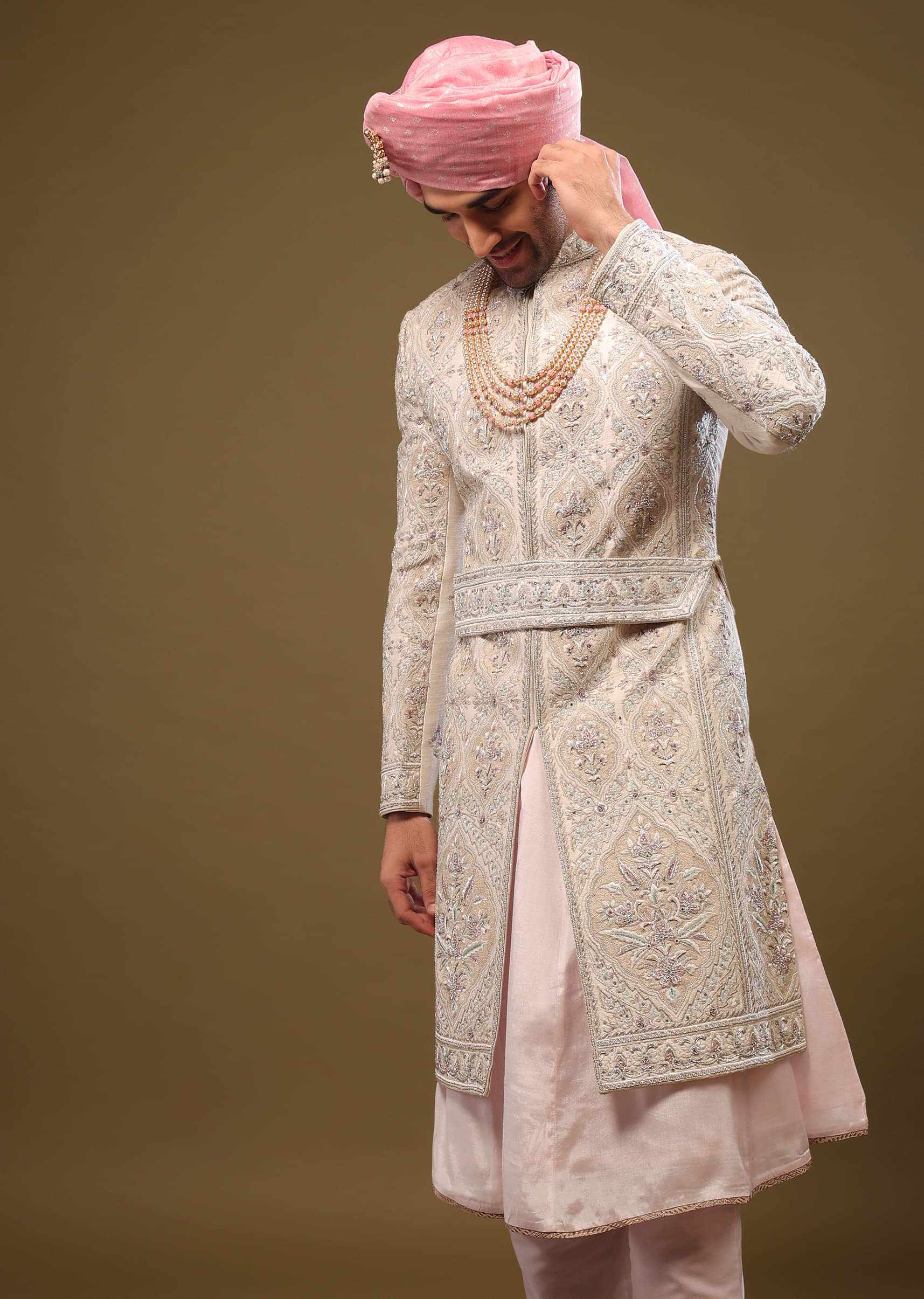 Nude White Silk Sherwani Set With Intricate Embroidery - Image 6