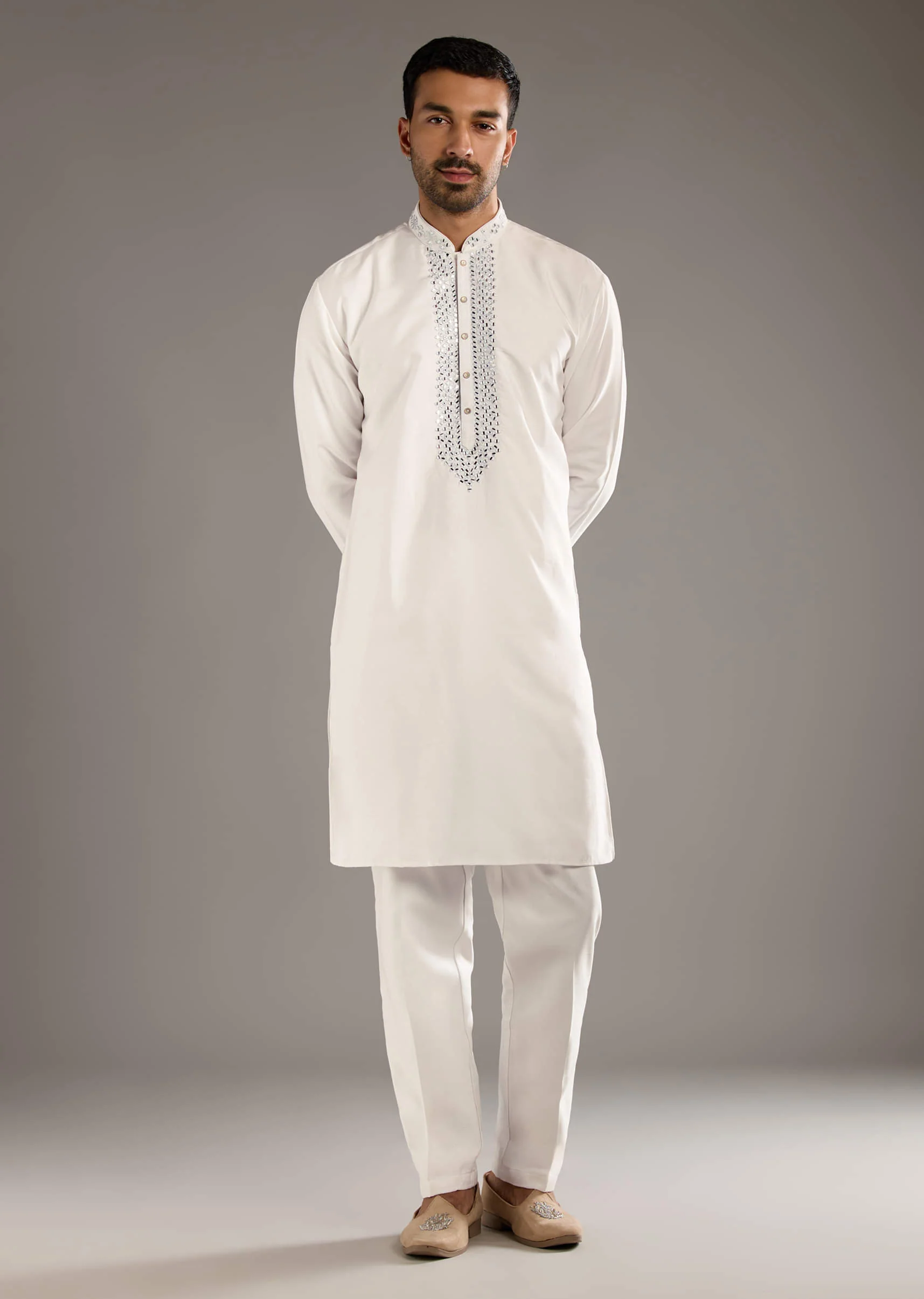 White And Blue Silk Groomsman Sherwani With Mirror Work - Image 6