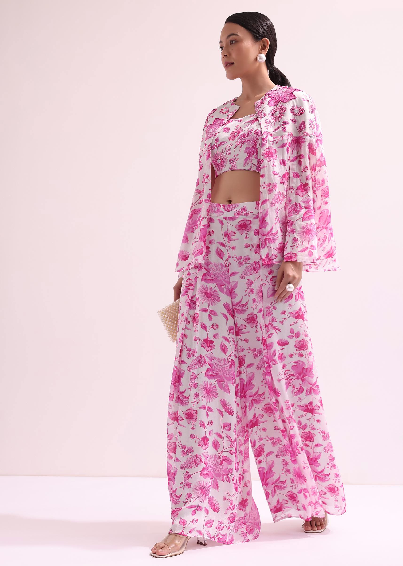 White And Pink Floral Croptop And Palazzo Set - Image 3