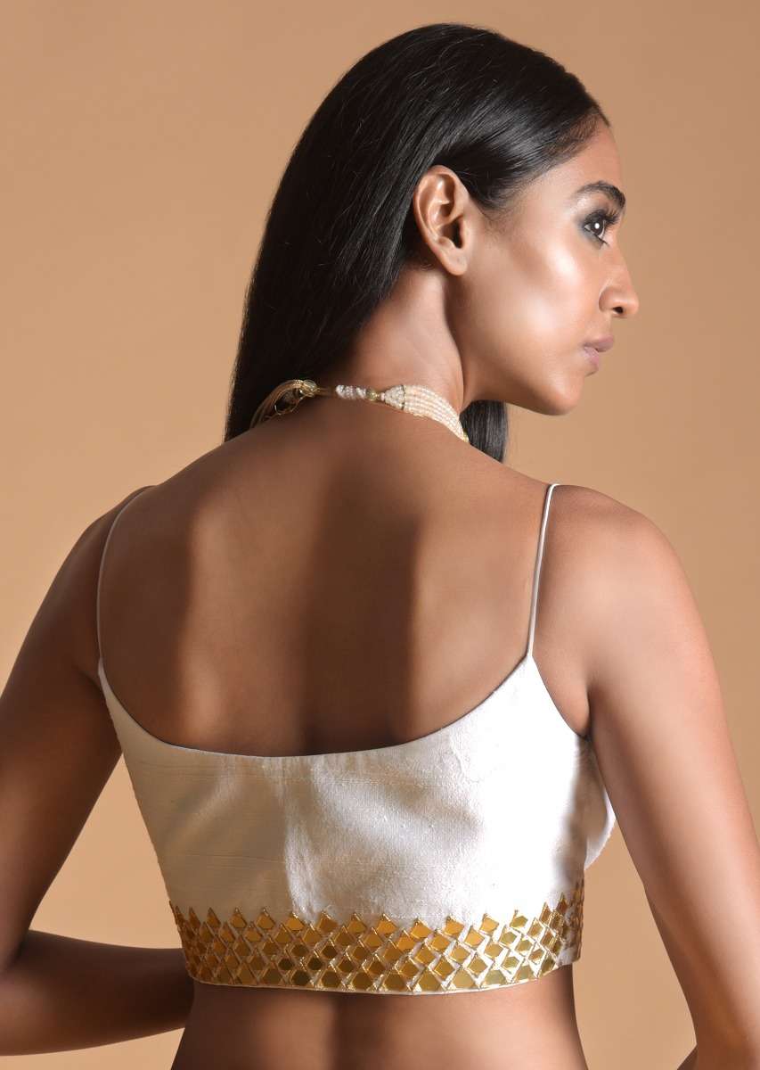 White Blouse In Raw Silk With Mirror Work And Spaghetti Straps On the Shoulders - Image 3
